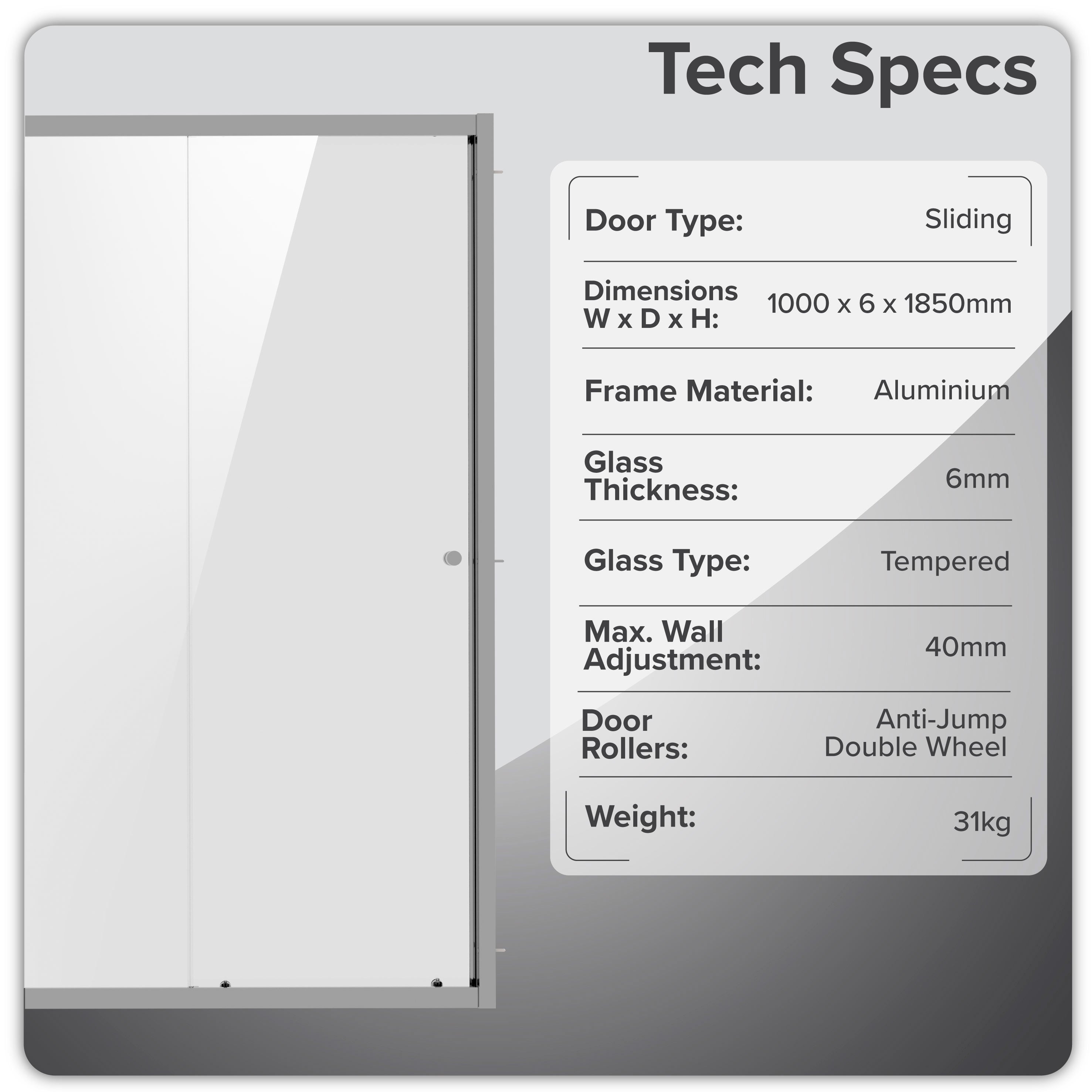 Baridi Sliding Shower Door 1000 x 1850mm, 6mm Tempered Glass, Chrome – DH292
