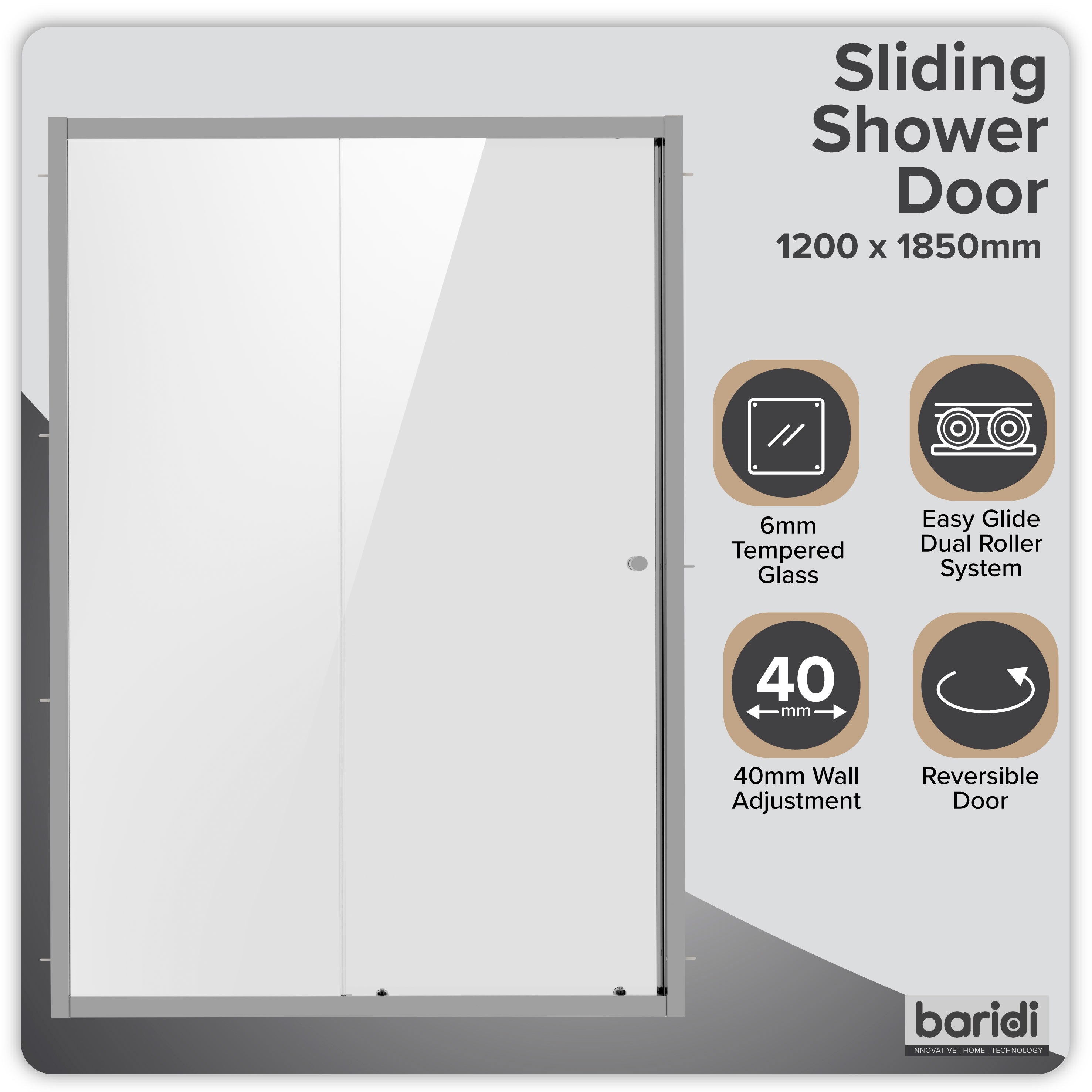 Baridi Sliding Shower Door 1200 x 1850mm, 6mm Tempered Glass, Chrome – DH294