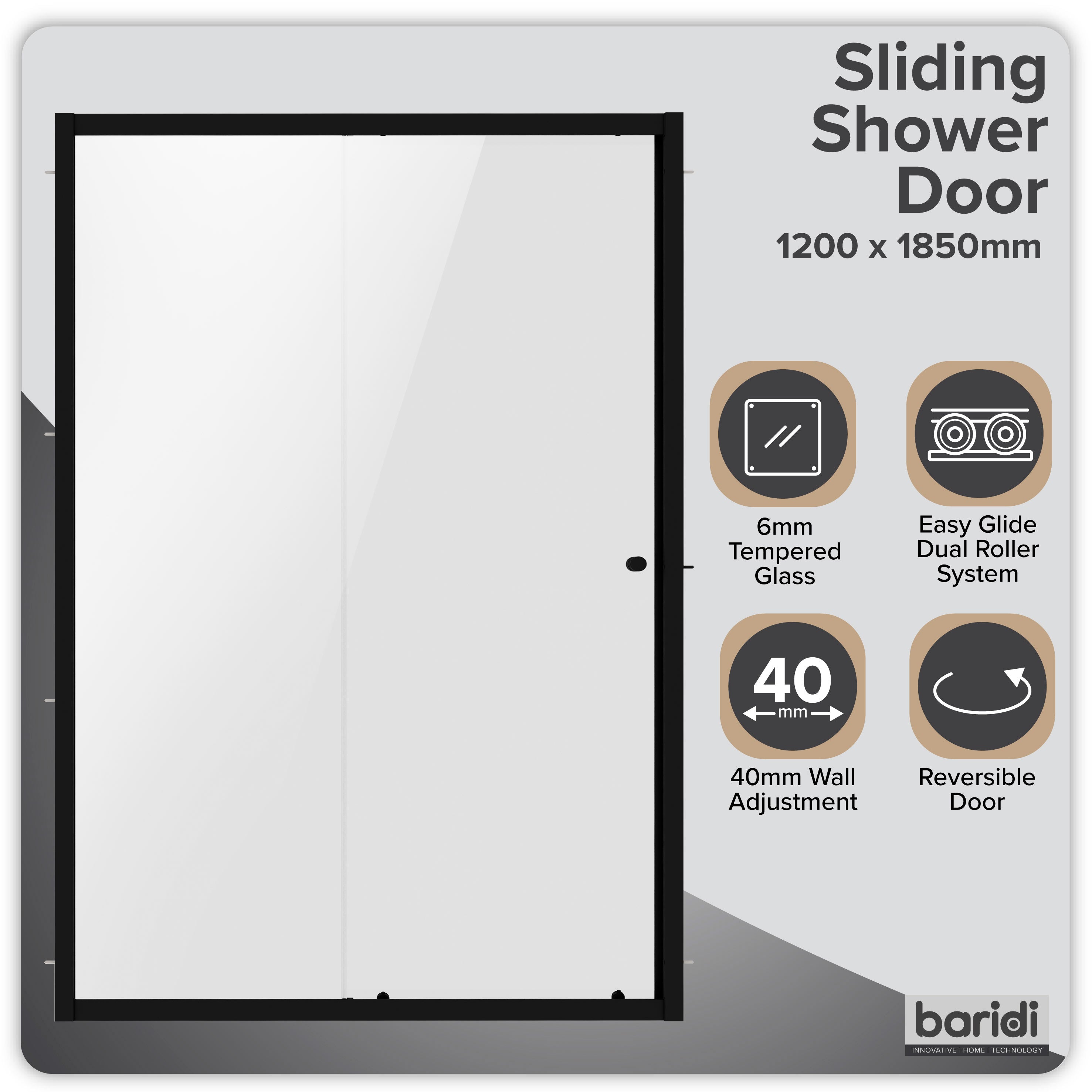 Baridi Sliding Shower Door 1200 x 1850mm, 6mm Tempered Glass, Black – DH295