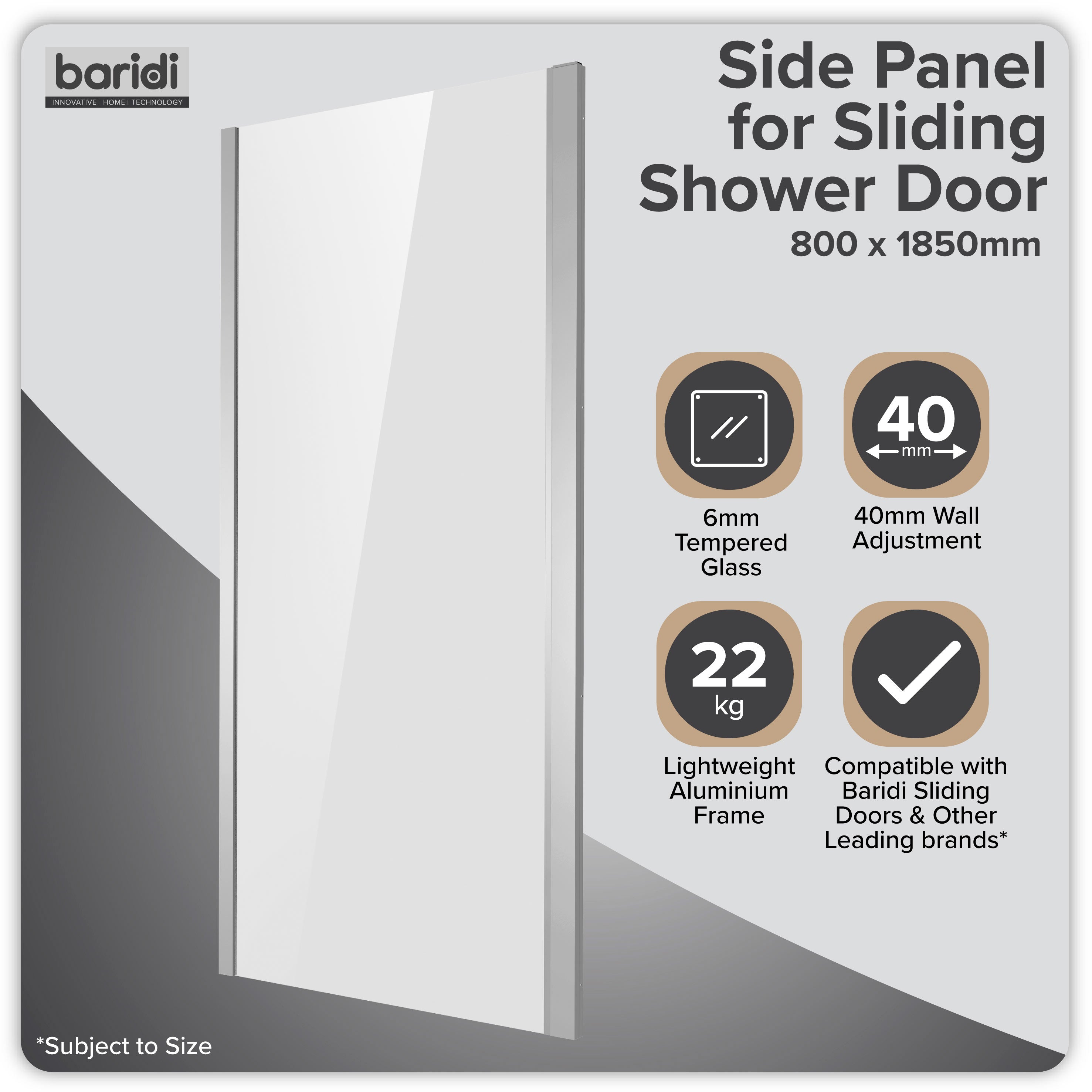Baridi Side Panel for Sliding Shower Doors, 6mm Tempered Glass, 800 x 1850mm, Chrome - DH296
