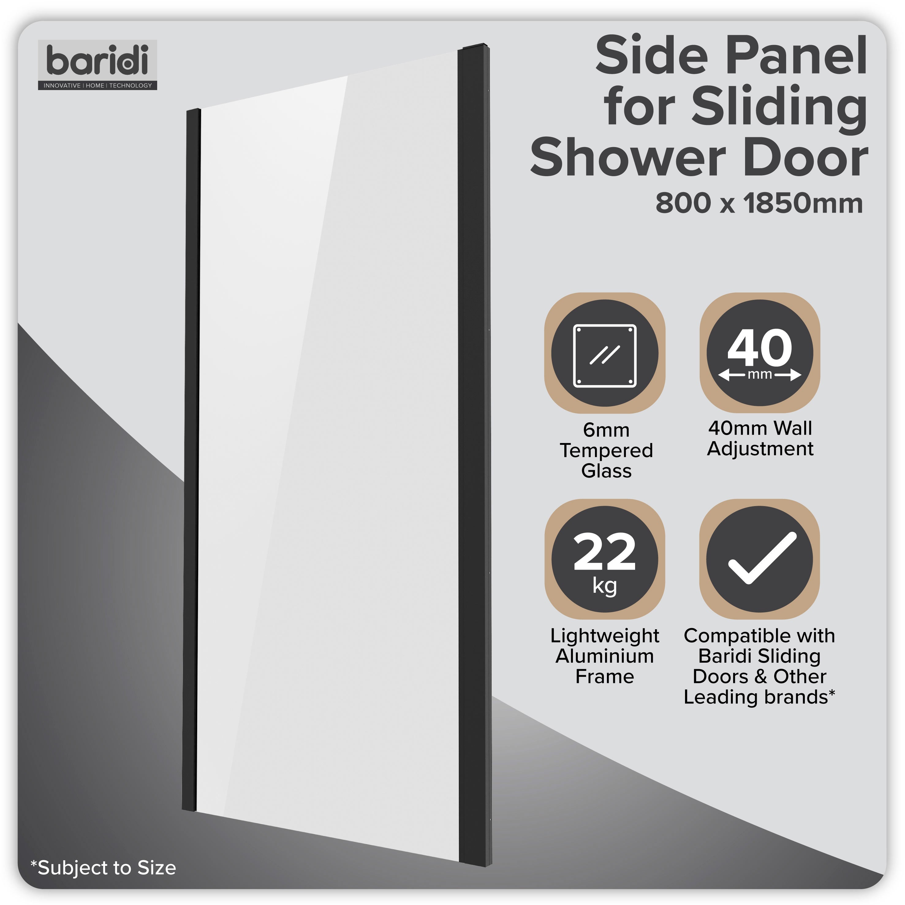 Baridi Side Panel for Sliding Shower Doors, 6mm Tempered Glass, 800 x 1850mm, Black - DH297