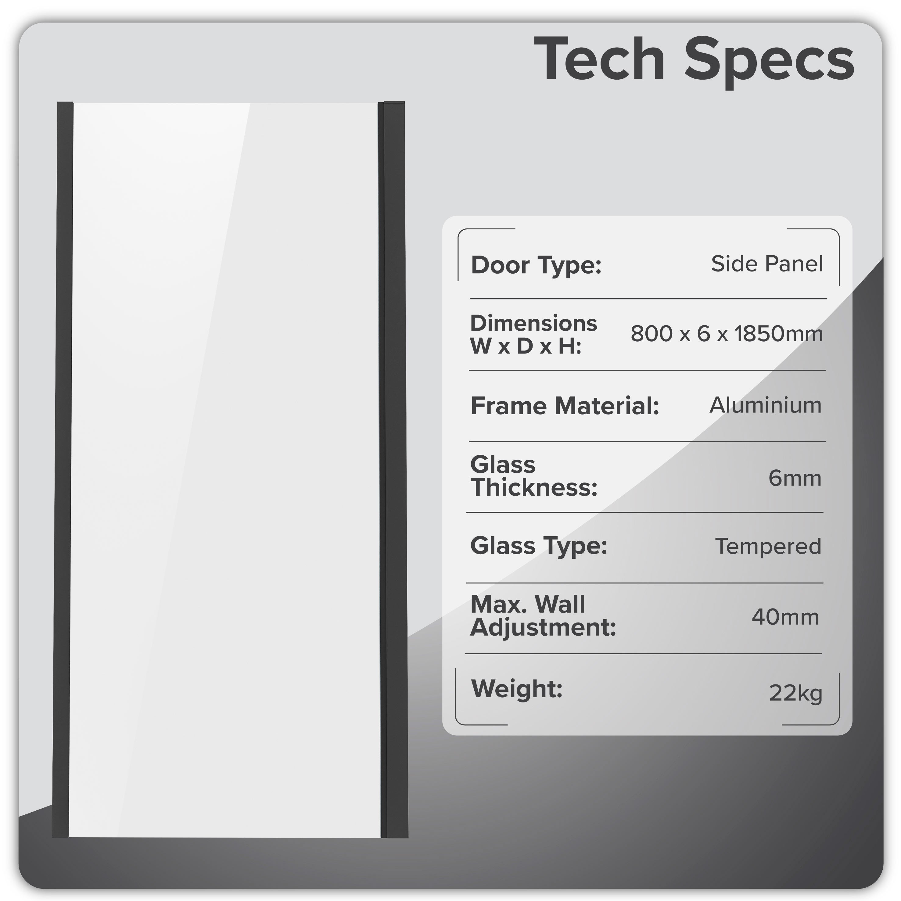 Baridi Side Panel for Sliding Shower Doors, 6mm Tempered Glass, 800 x 1850mm, Black - DH297