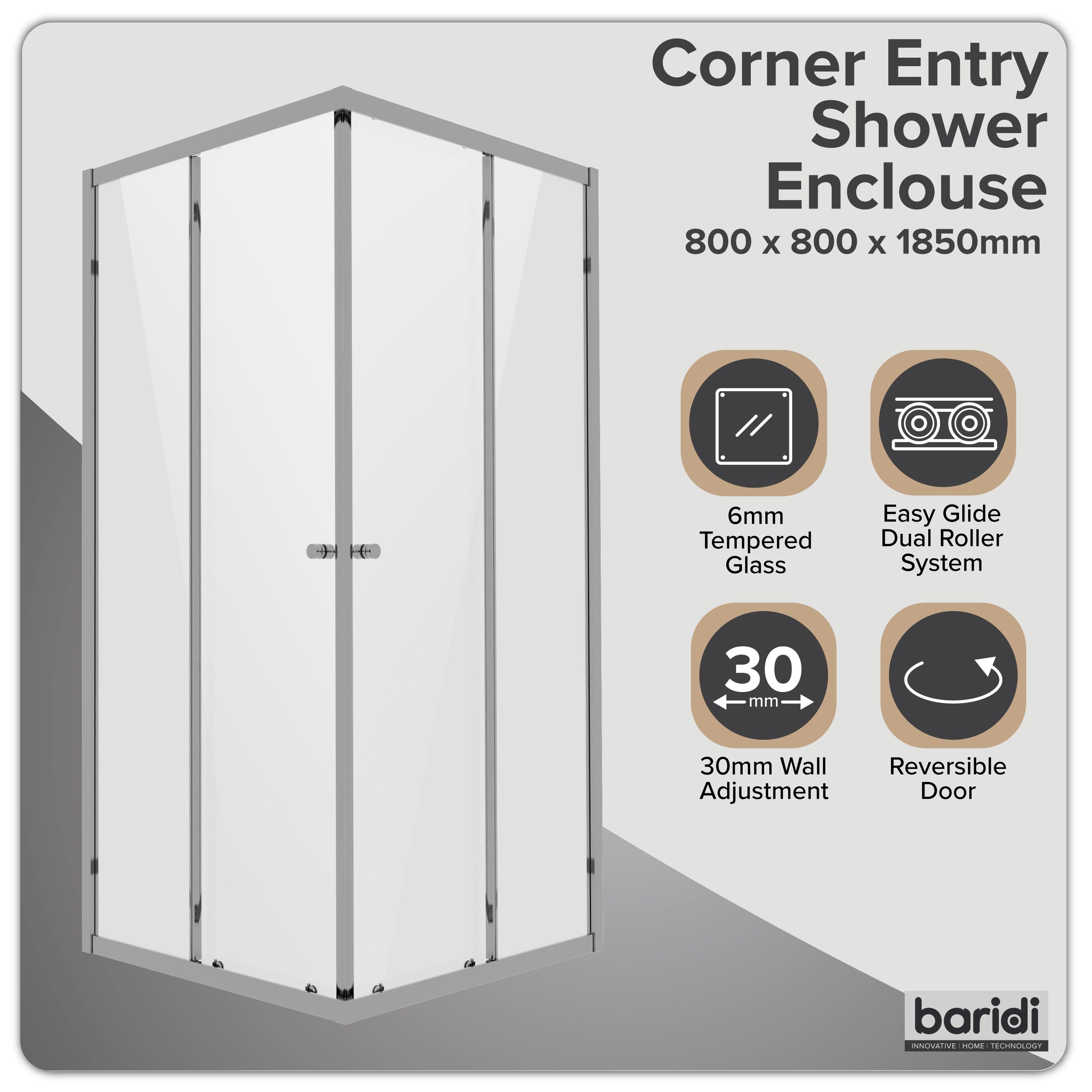 Baridi Corner Entry Shower Enclosure 800 x 800 x 1850mm with 6mm Tempered Glass, Chrome - DH298