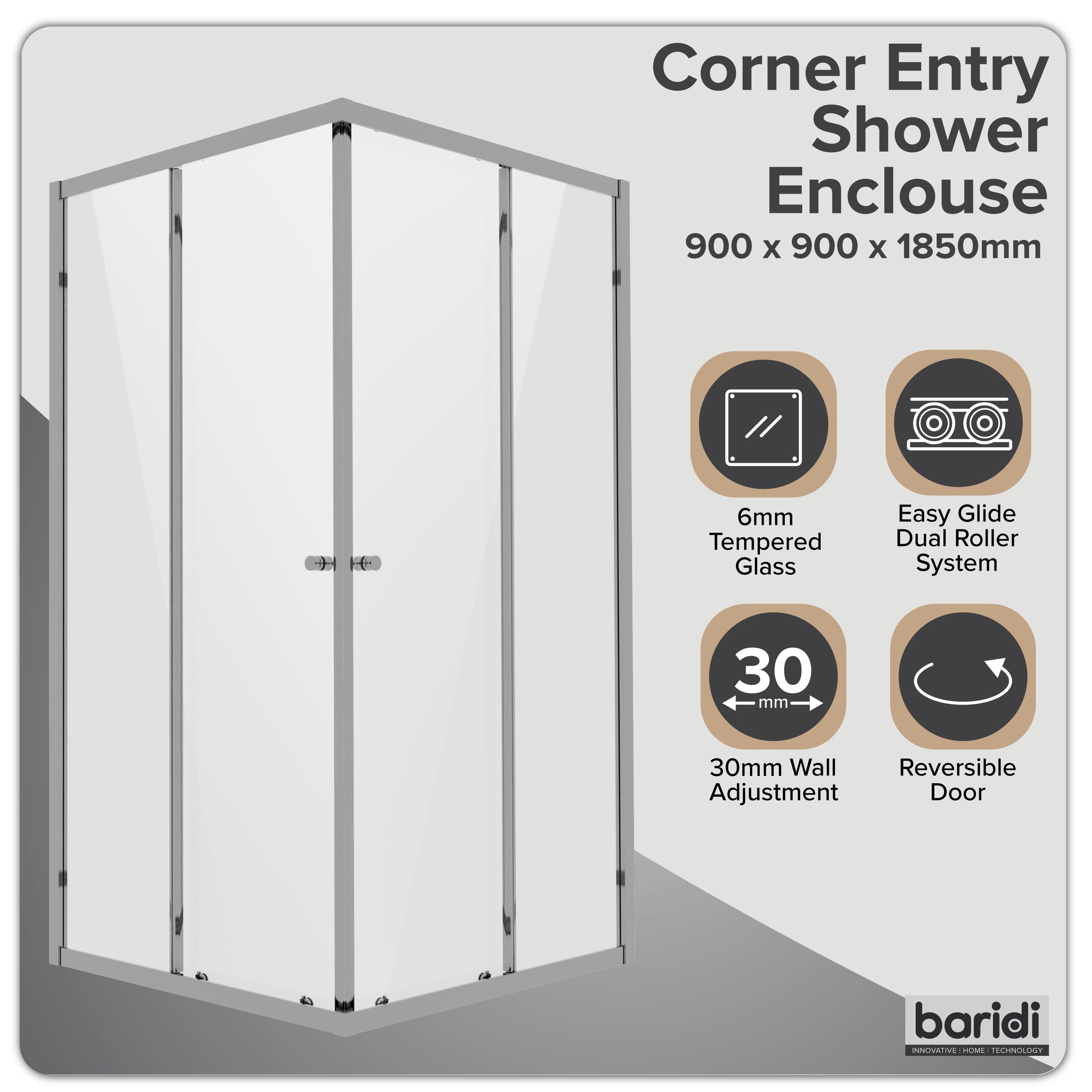 Baridi Corner Entry Shower Enclosure 900 x 900 x 1850mm with 6mm Tempered Glass - Chrome - DH299