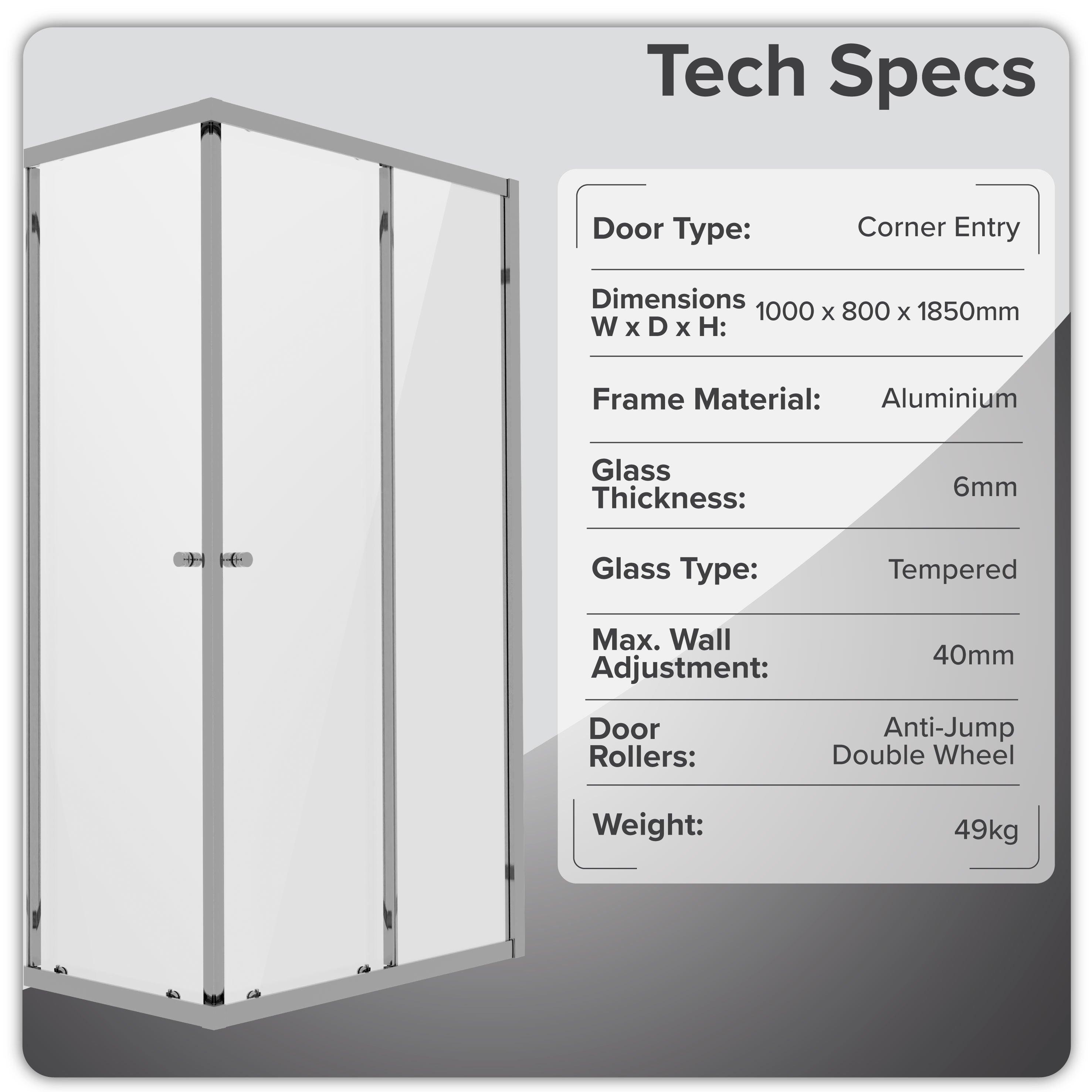 Baridi Corner Entry Shower Enclosure 1000 x 800 x 1850mm with 6mm Tempered Glass - Chrome – DH300