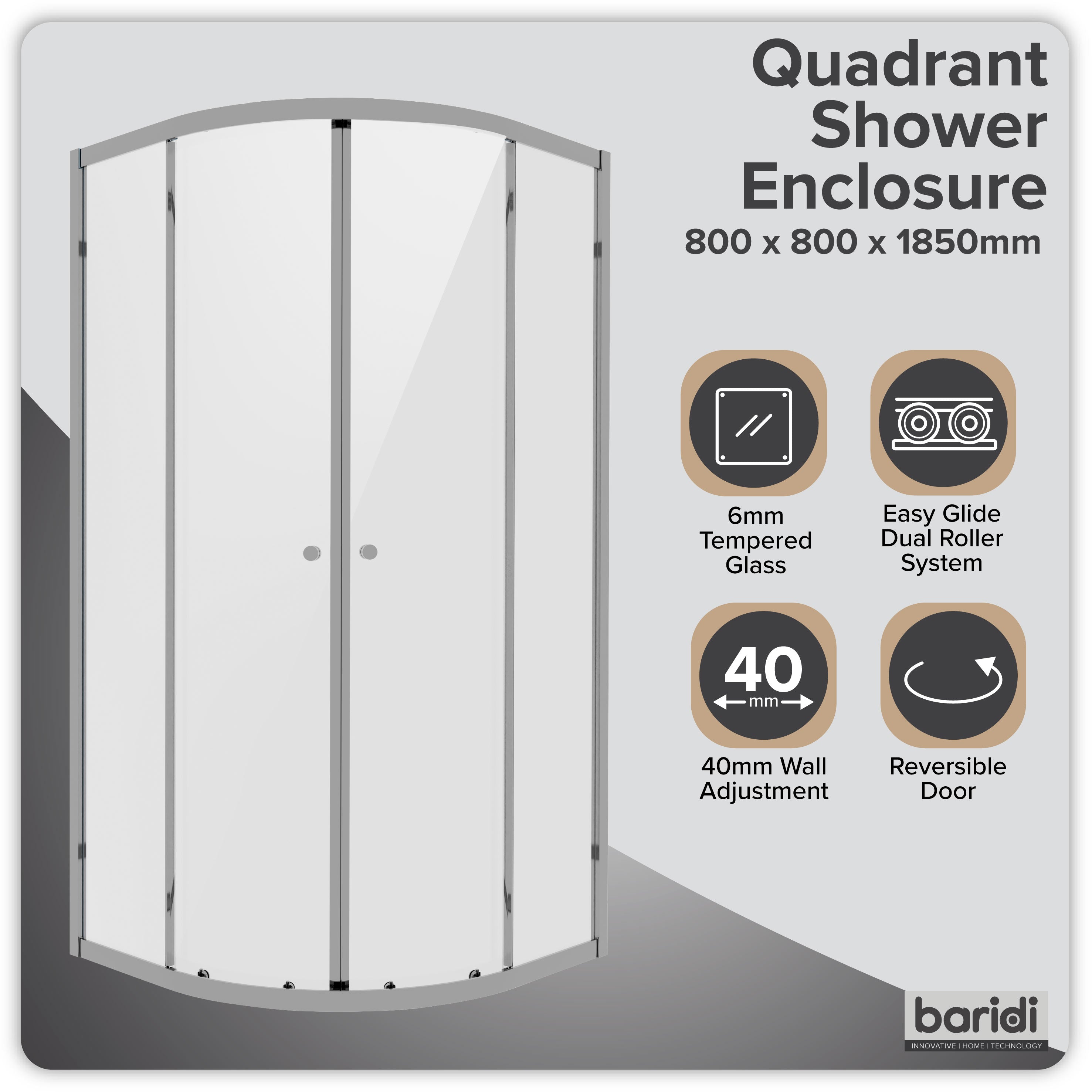 Baridi Quadrant Shower Enclosure 800 x 800 x 1850mm with 6mm Tempered Glass, Chrome - DH301