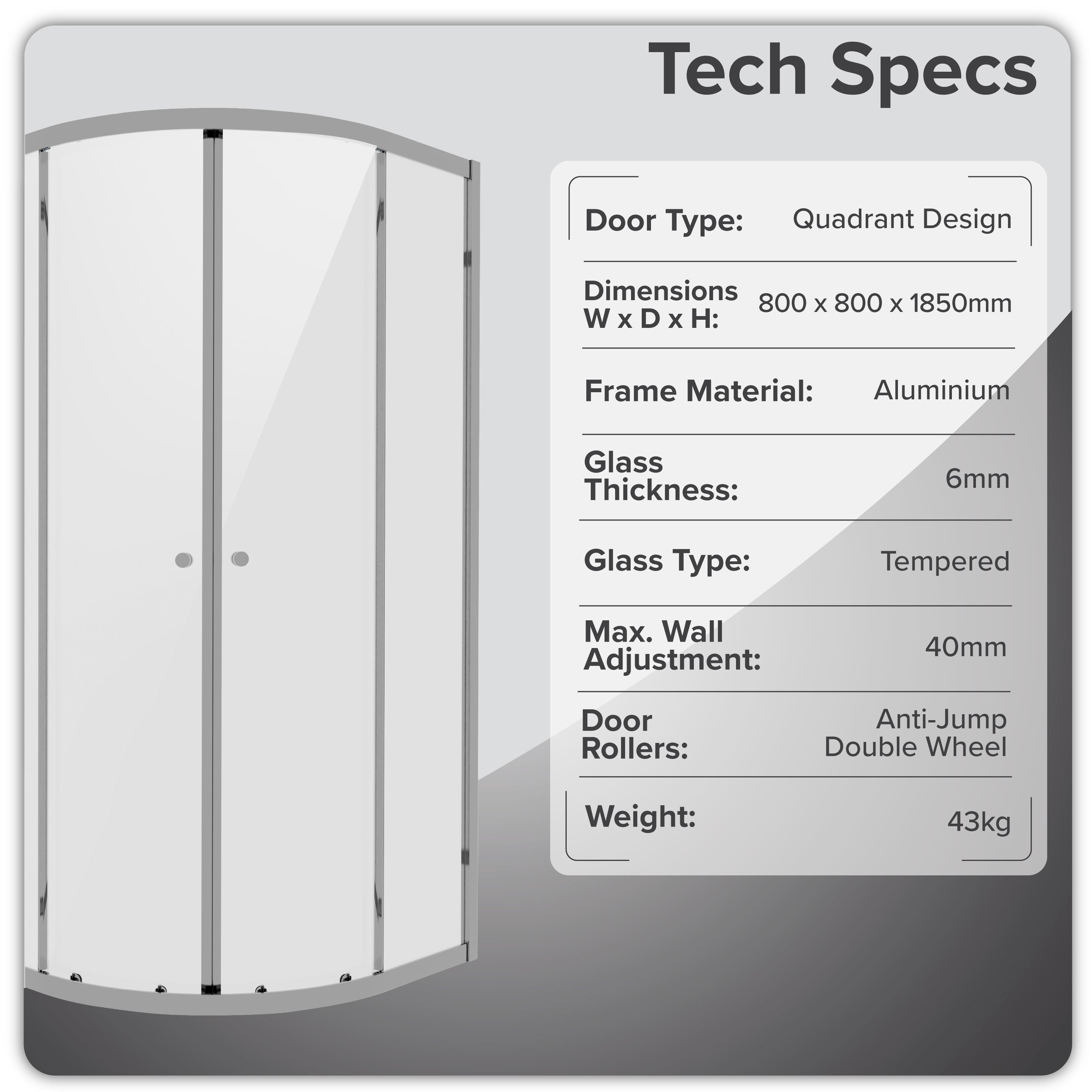 Baridi Quadrant Shower Enclosure 800 x 800 x 1850mm with 6mm Tempered Glass, Chrome - DH301