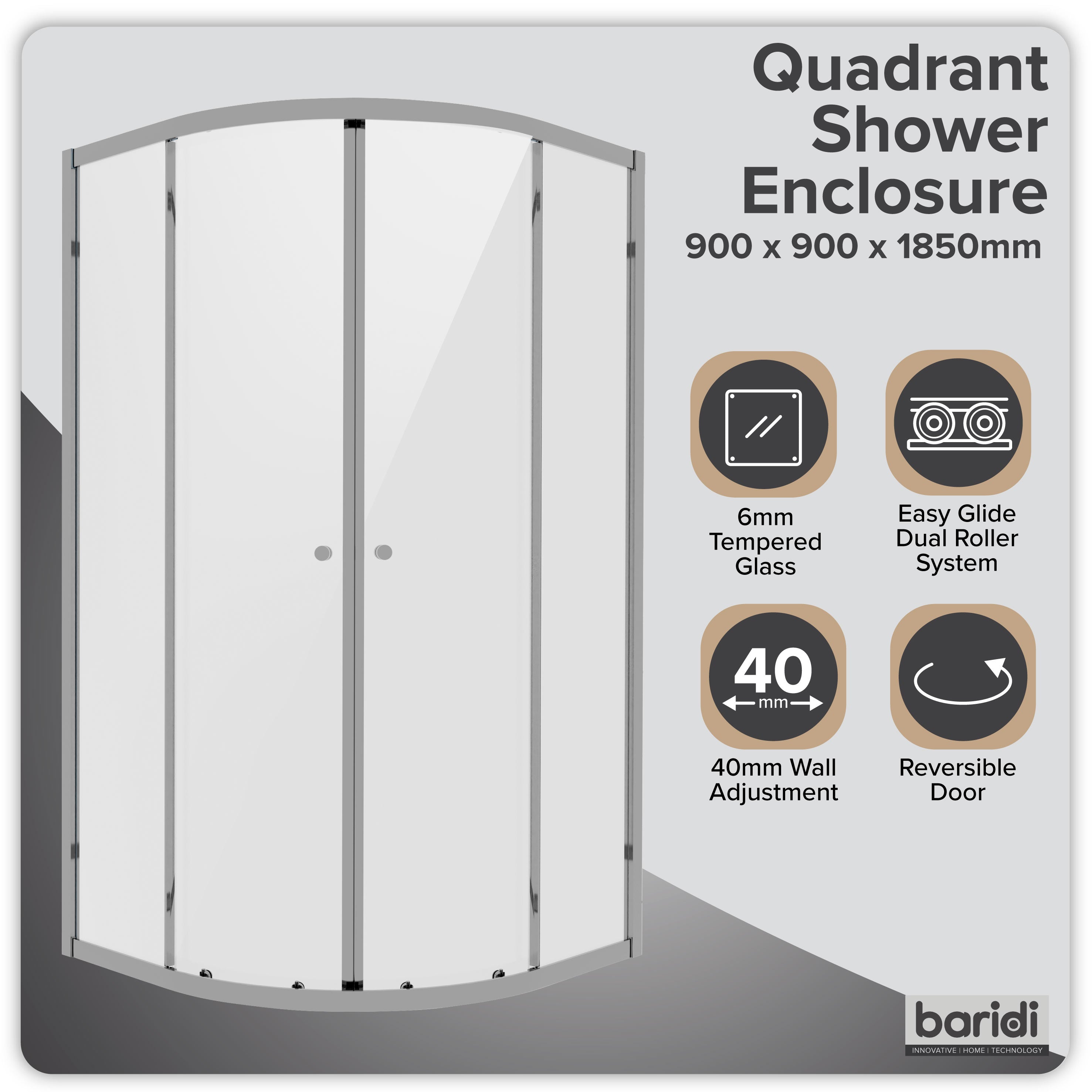 Baridi Quadrant Shower Enclosure 900 x 900 x 1850mm with 6mm Tempered Glass, Chrome - DH302