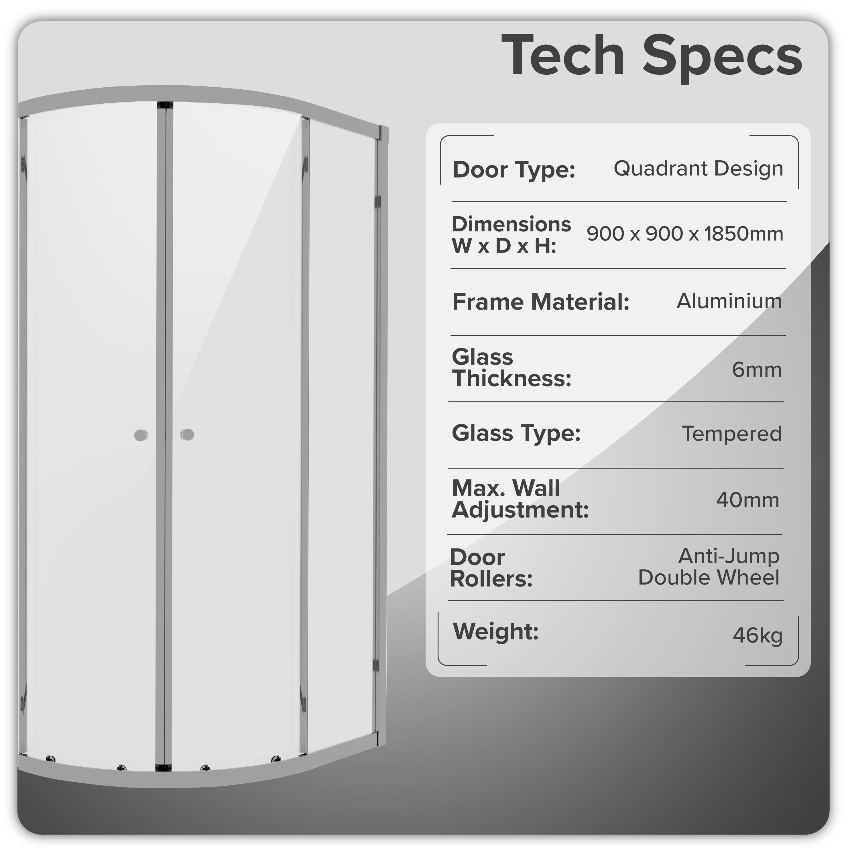 Baridi Quadrant Shower Enclosure 900 x 900 x 1850mm with 6mm Tempered Glass, Chrome - DH302