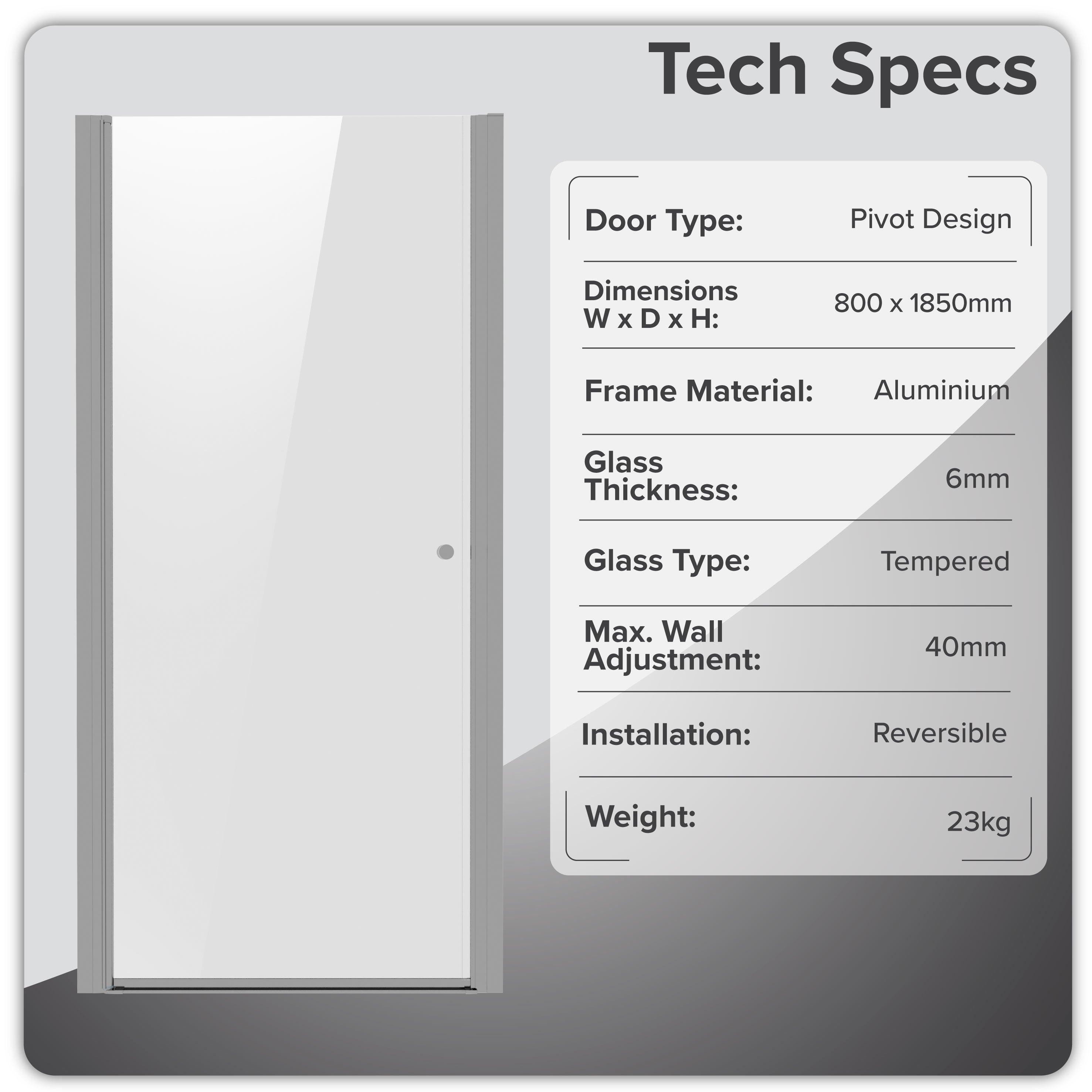 Baridi Pivot Shower Door 800 x 1850mm, 6mm Tempered Glass, Reversible Installation, Chrome - DH303