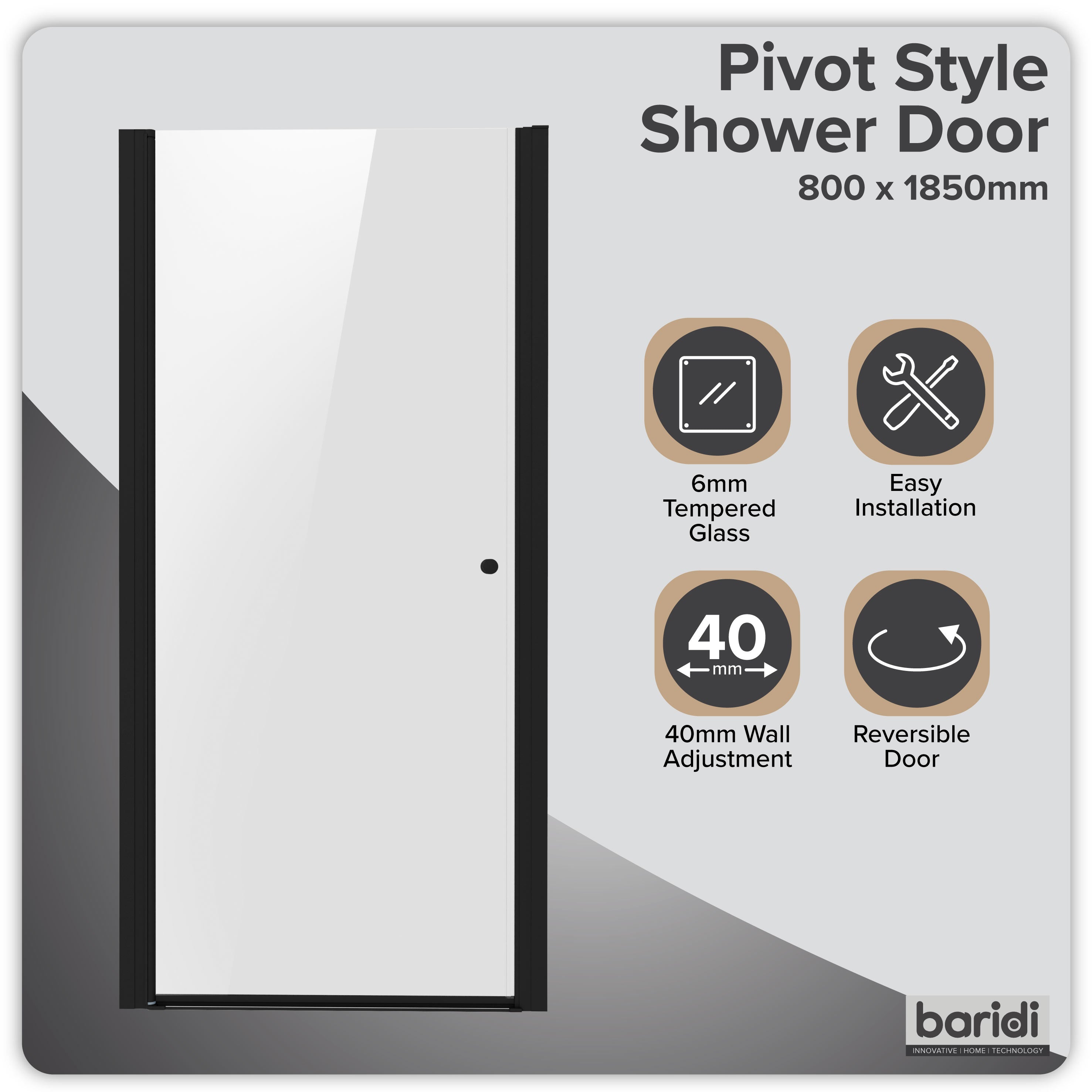 Baridi Pivot Shower Door 800 x 1850mm, 6mm Tempered Glass, Reversible Installation, Black - DH304