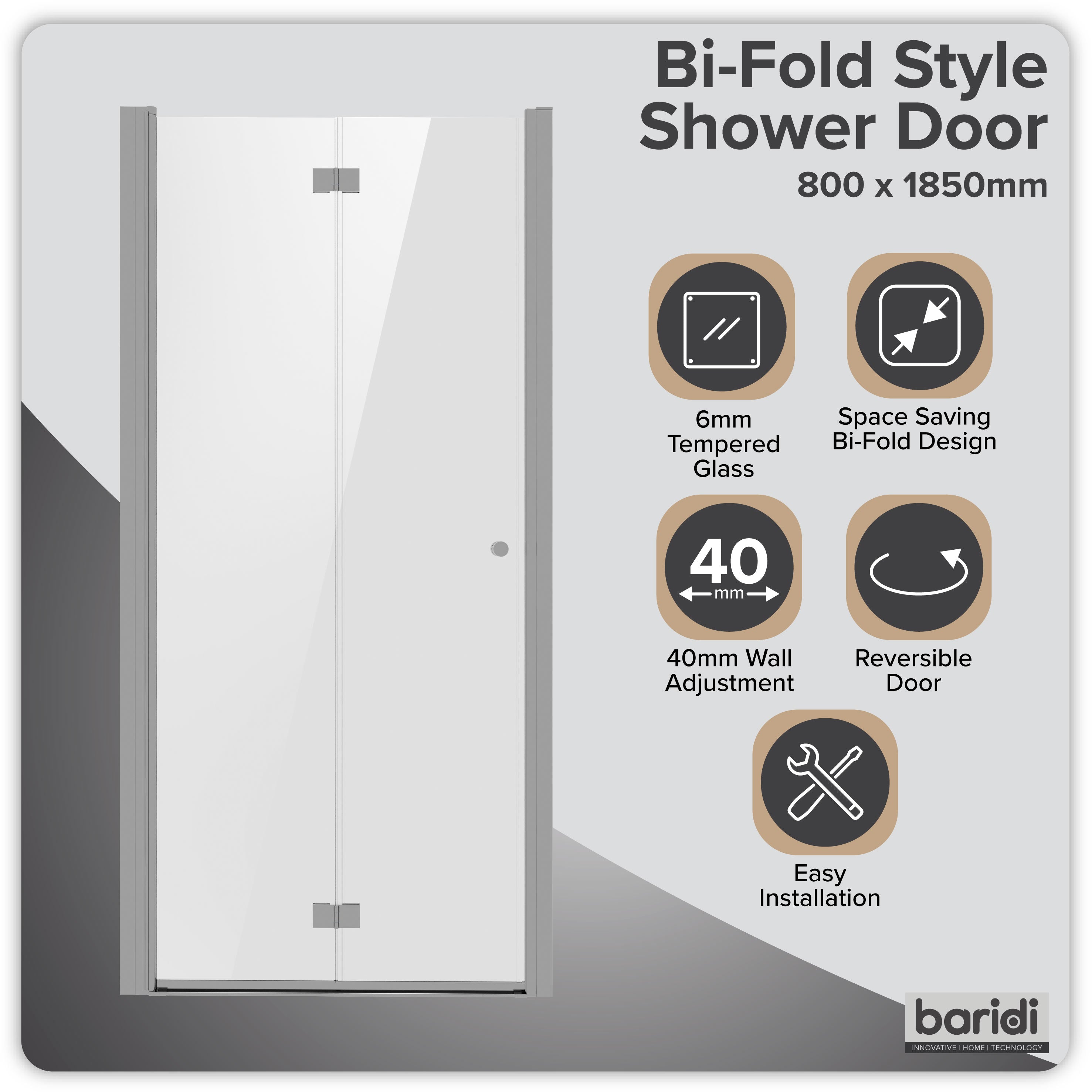 Baridi Bi-Fold Shower Door 800 x 1850mm, 6mm Tempered Glass, Reversible Installation, Chrome - DH305