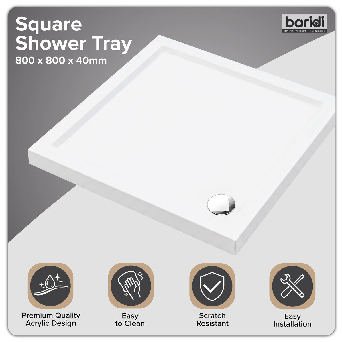 Baridi Square Shower Tray 900 x 900 x 40mm for Shower Enclosures, Acrylic, White - DH309