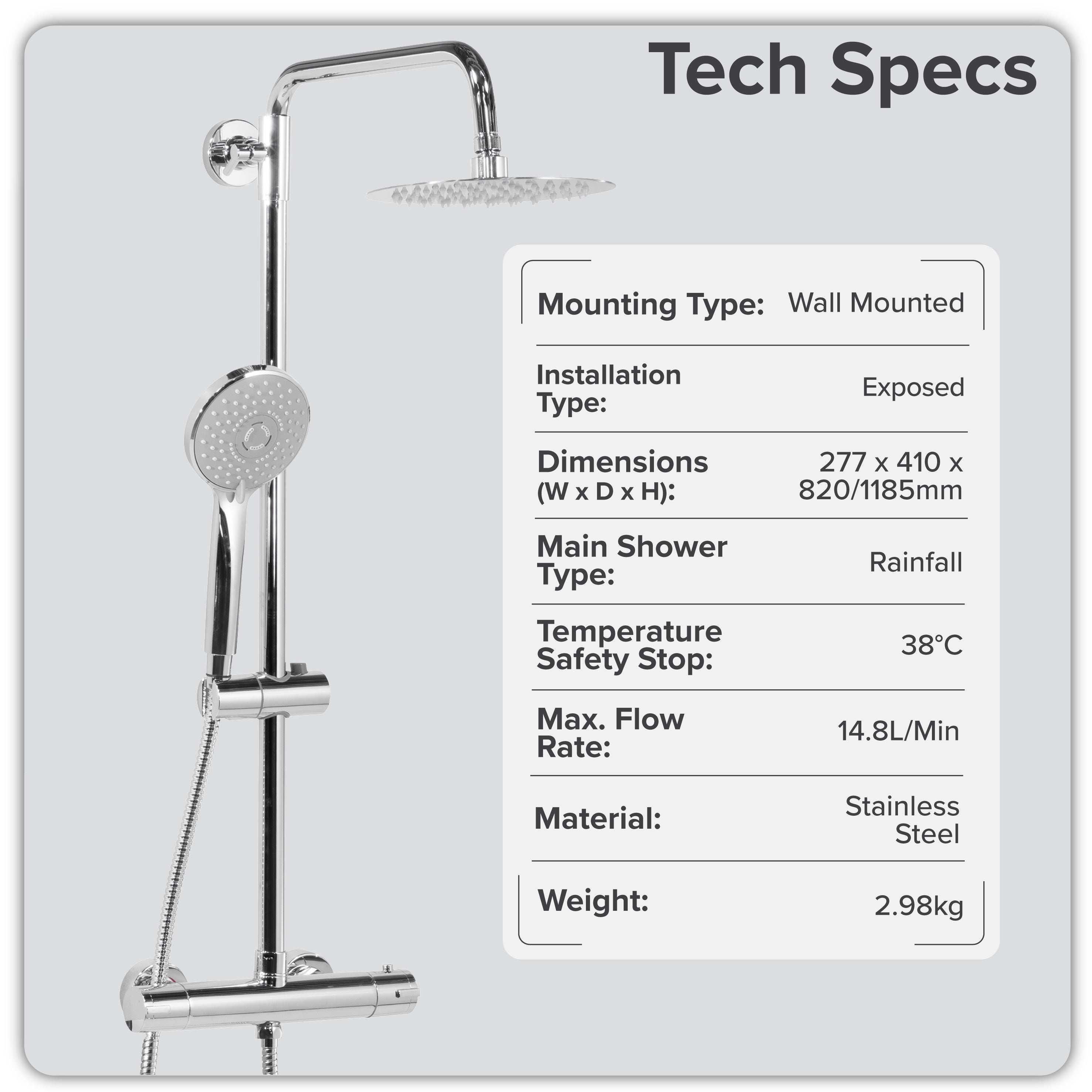 Baridi Thermostatic Shower Mixer Set, 20cm Round Head, Height Adjustable Rail, Chrome - DH314