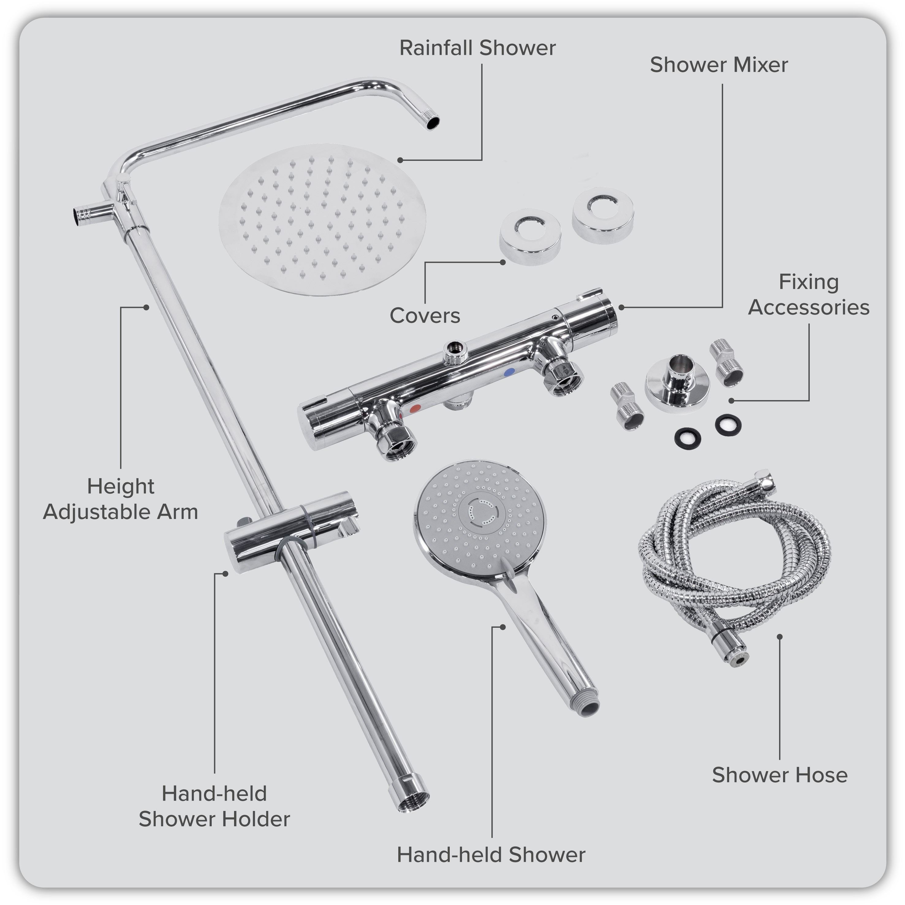 Baridi Thermostatic Shower Mixer Set, 20cm Round Head, Height Adjustable Rail, Chrome - DH314