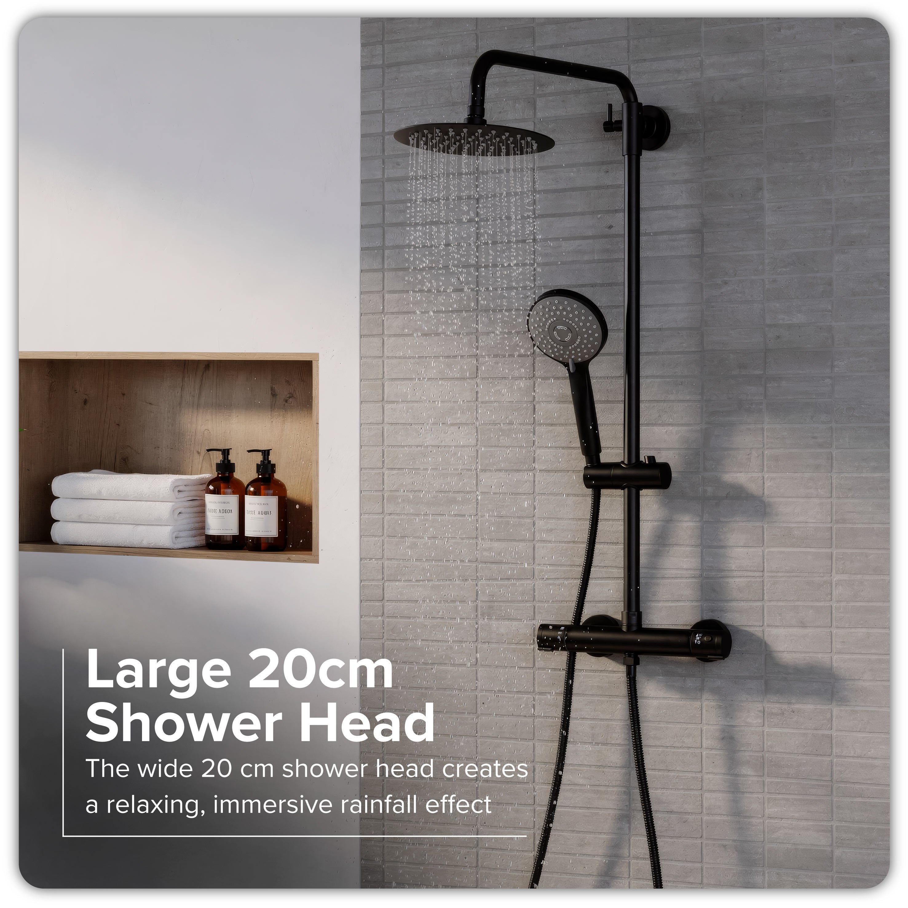 Baridi Thermostatic Shower Mixer Set, 20cm Round Head, Height Adjustable Rail, Black - DH315