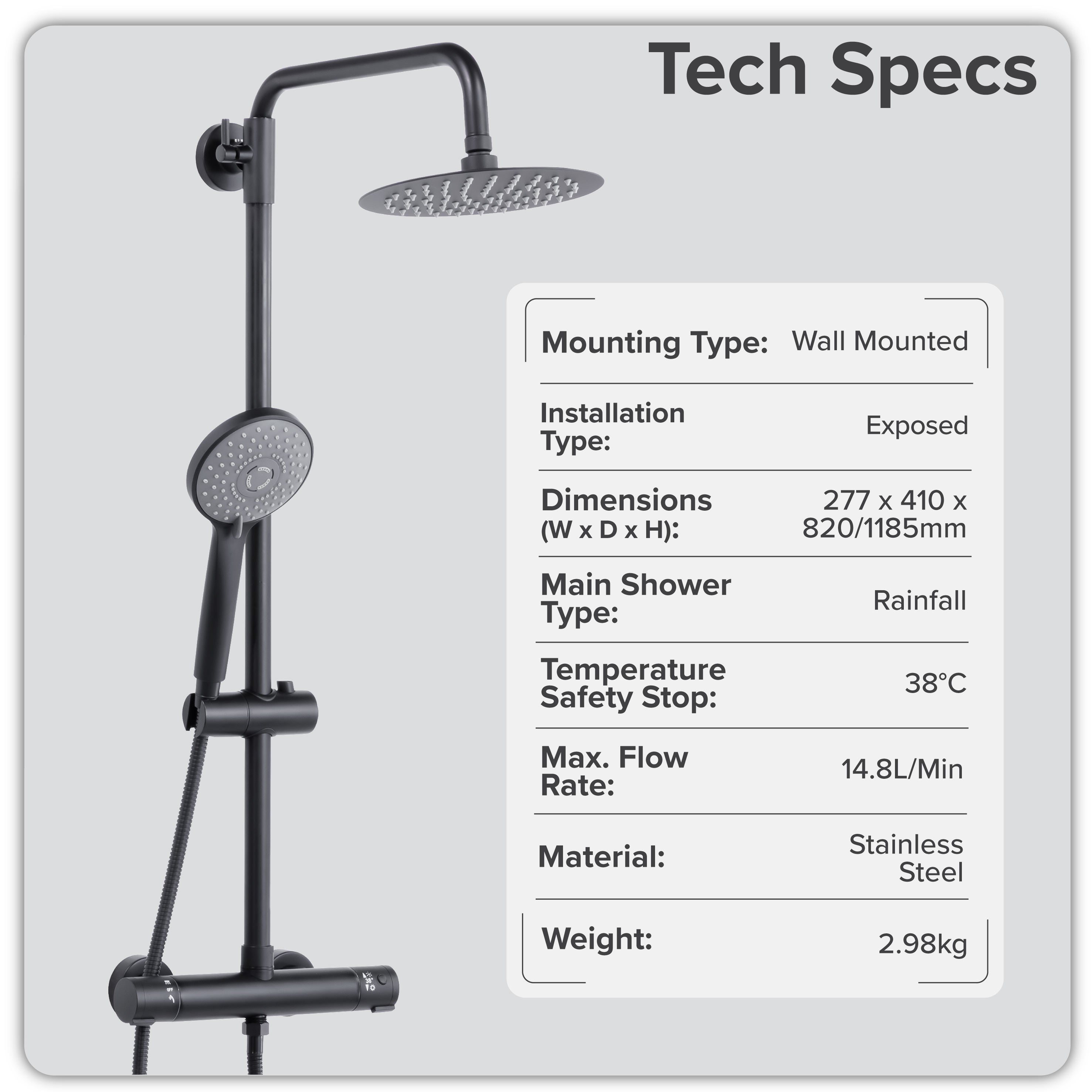 Baridi Thermostatic Shower Mixer Set, 20cm Round Head, Height Adjustable Rail, Black - DH315