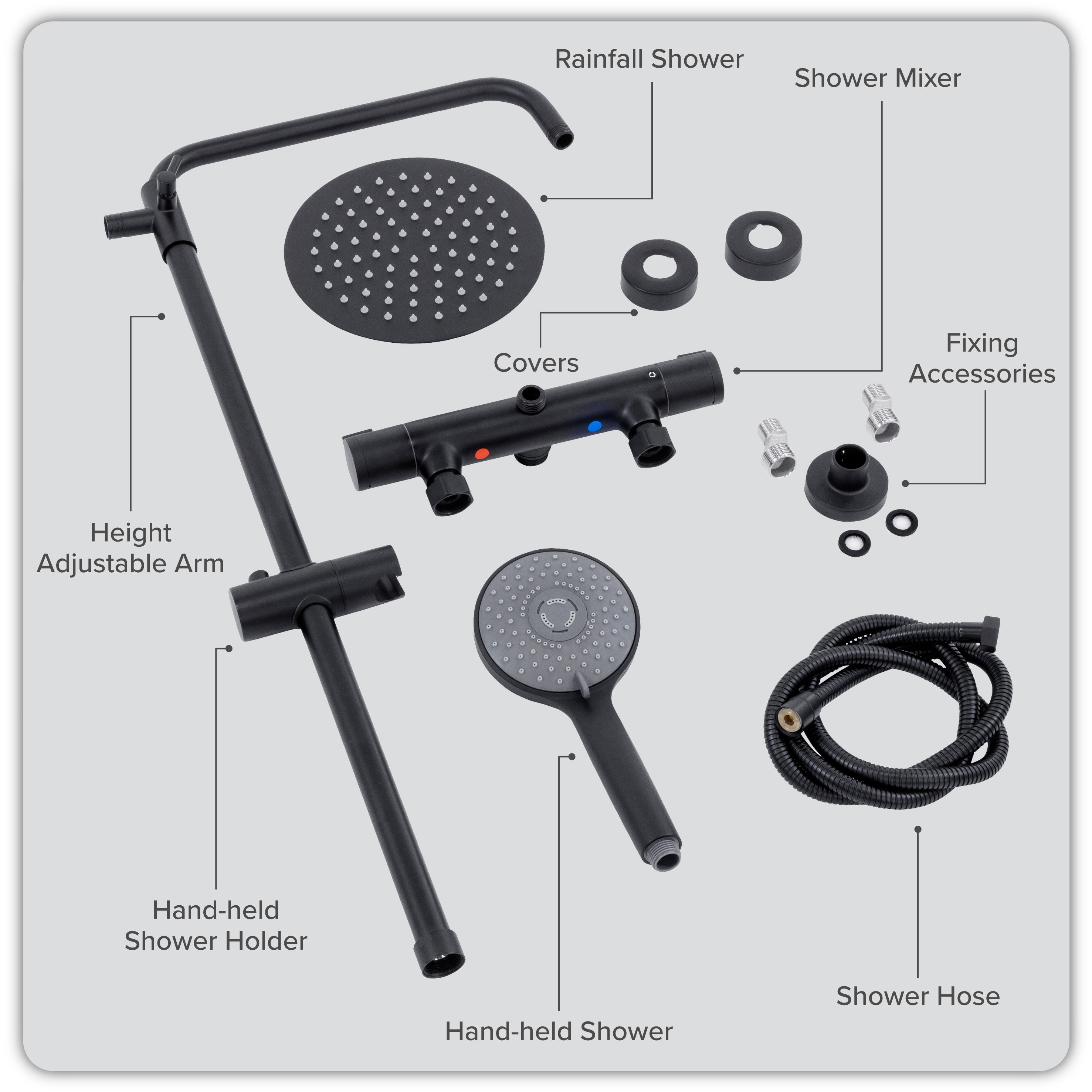 Baridi Thermostatic Shower Mixer Set, 20cm Round Head, Height Adjustable Rail, Black - DH315