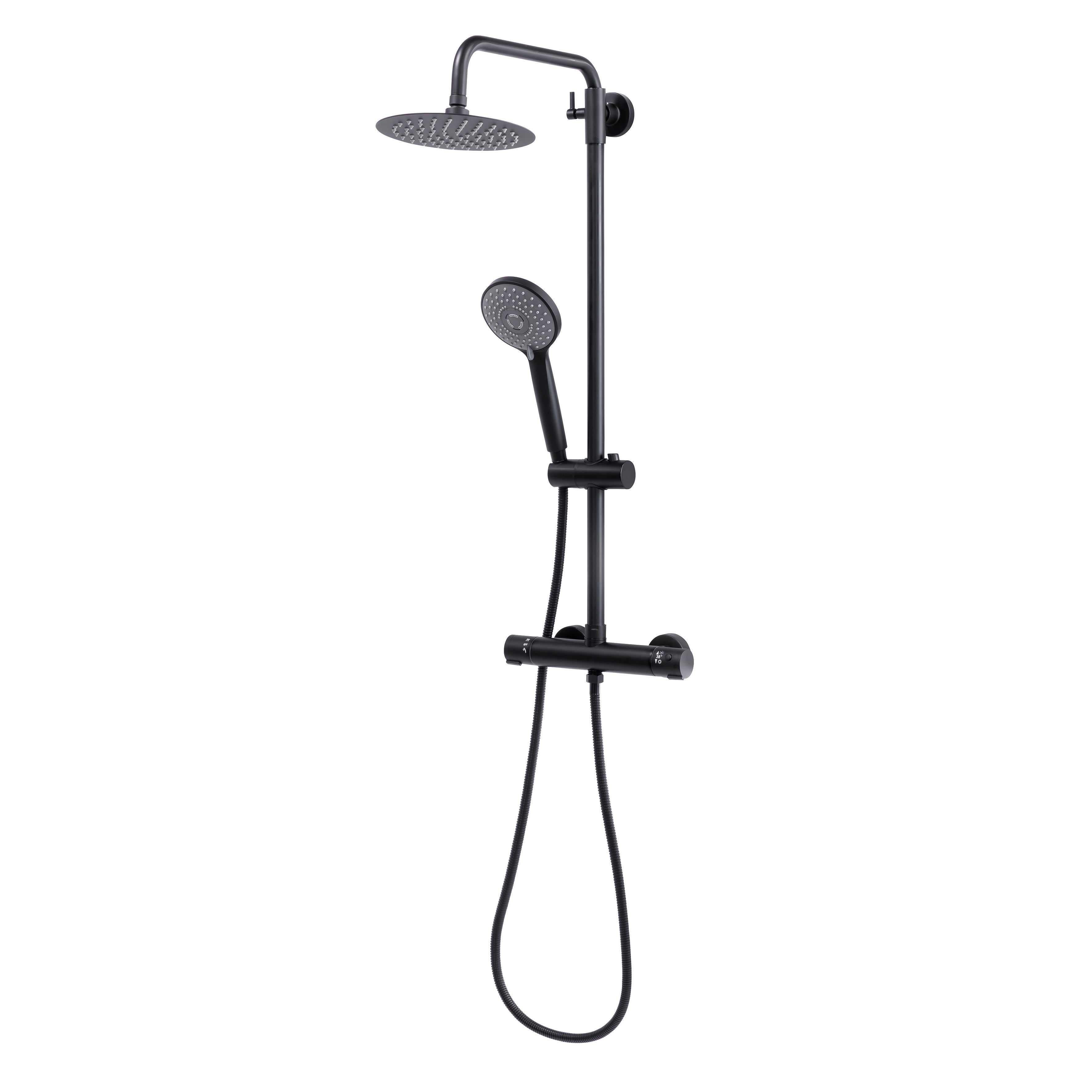 Baridi Thermostatic Shower Mixer Set, 20cm Round Head, Height Adjustable Rail, Black - DH315