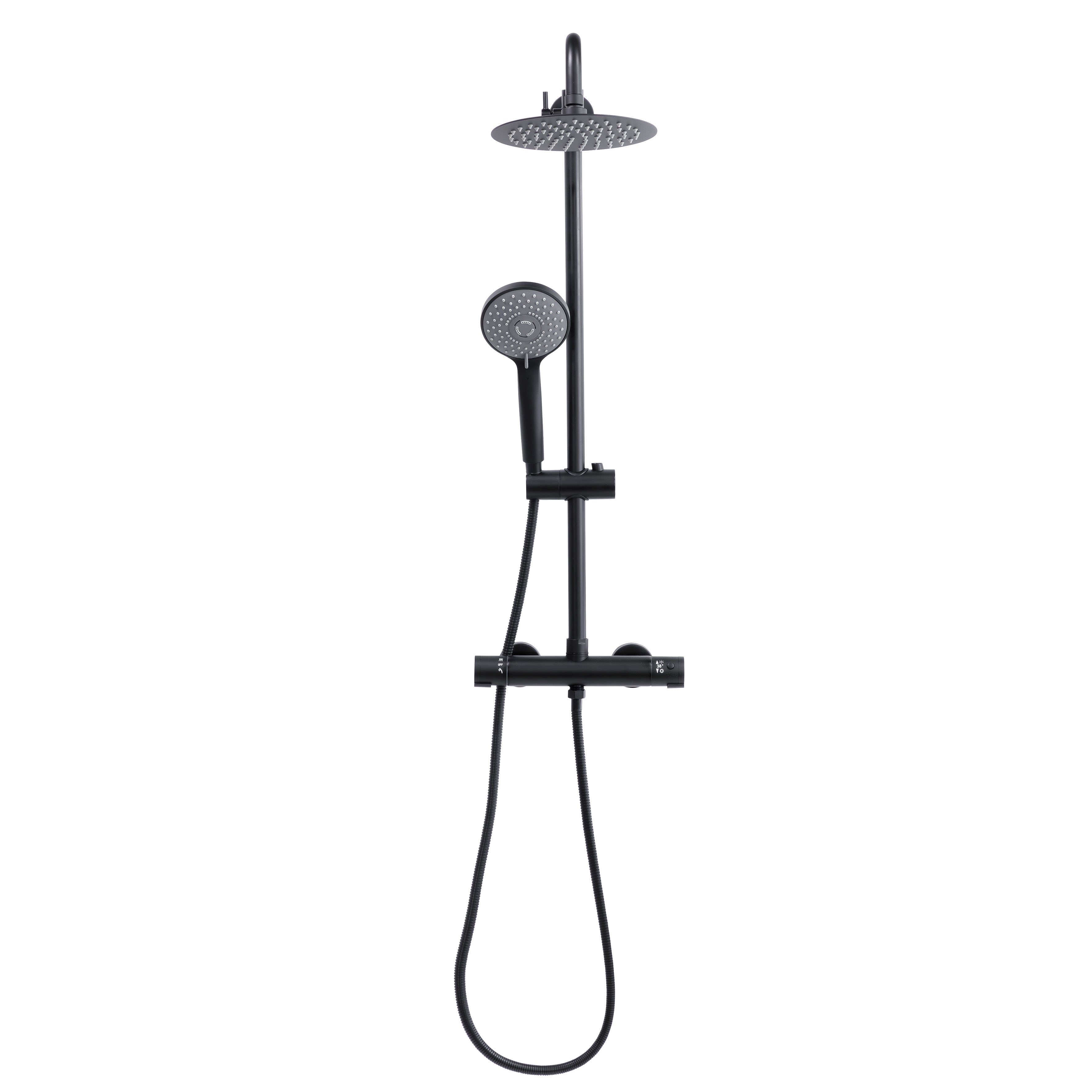 Baridi Thermostatic Shower Mixer Set, 20cm Round Head, Height Adjustable Rail, Black - DH315