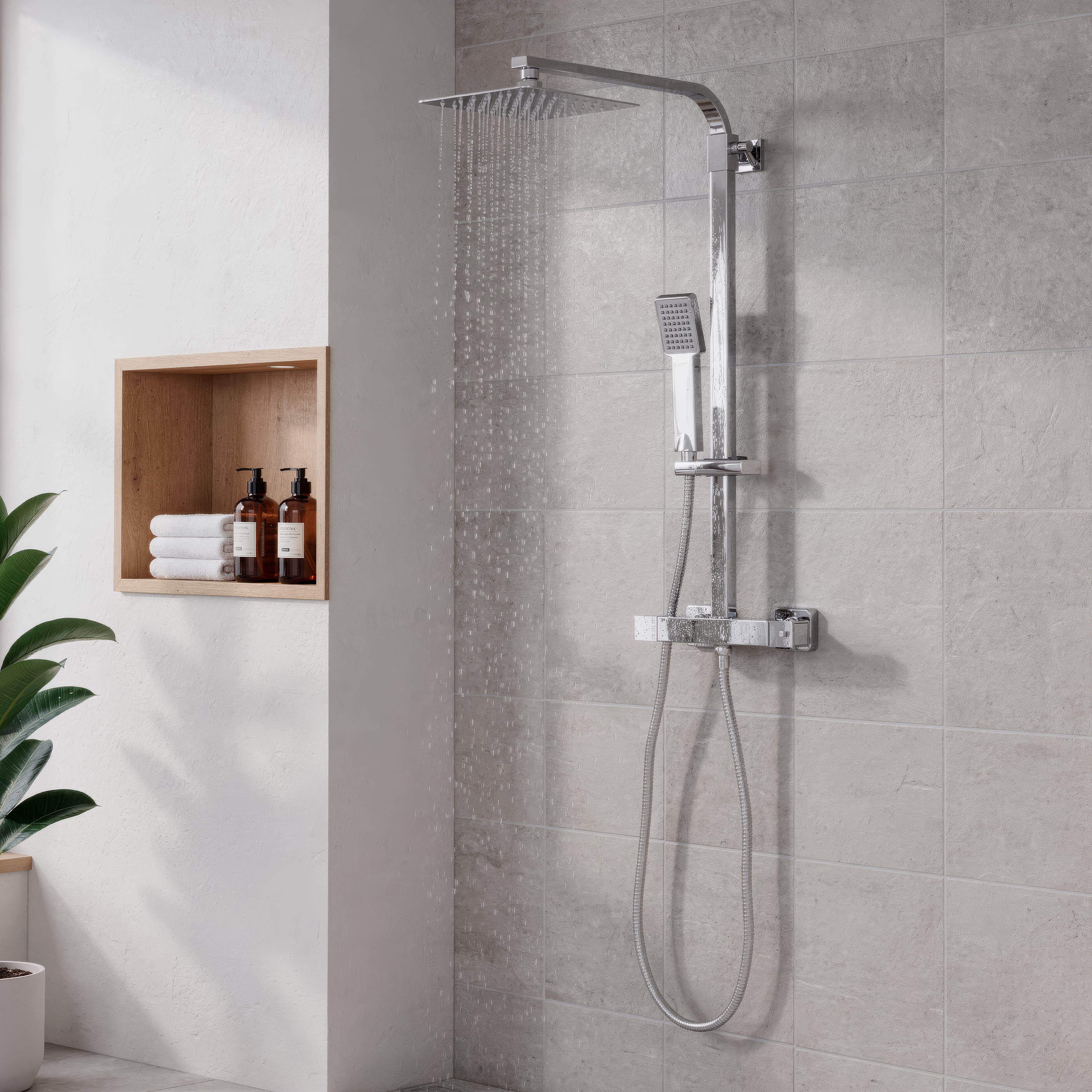 Thermostatic Shower Mixer Set 20 x 20cm Square Head with Adjustable Rail - Chrome