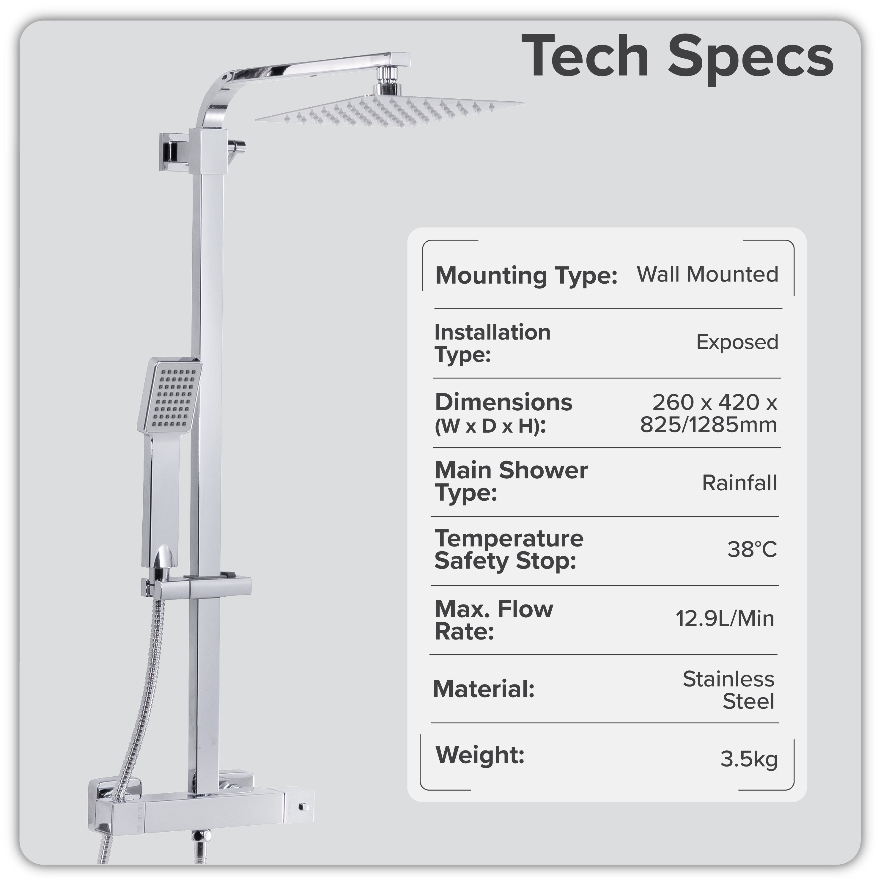 Baridi Thermostatic Shower Mixer Set, 20x20cm Square Head, Height Adjustable Rail, Chrome - DH316