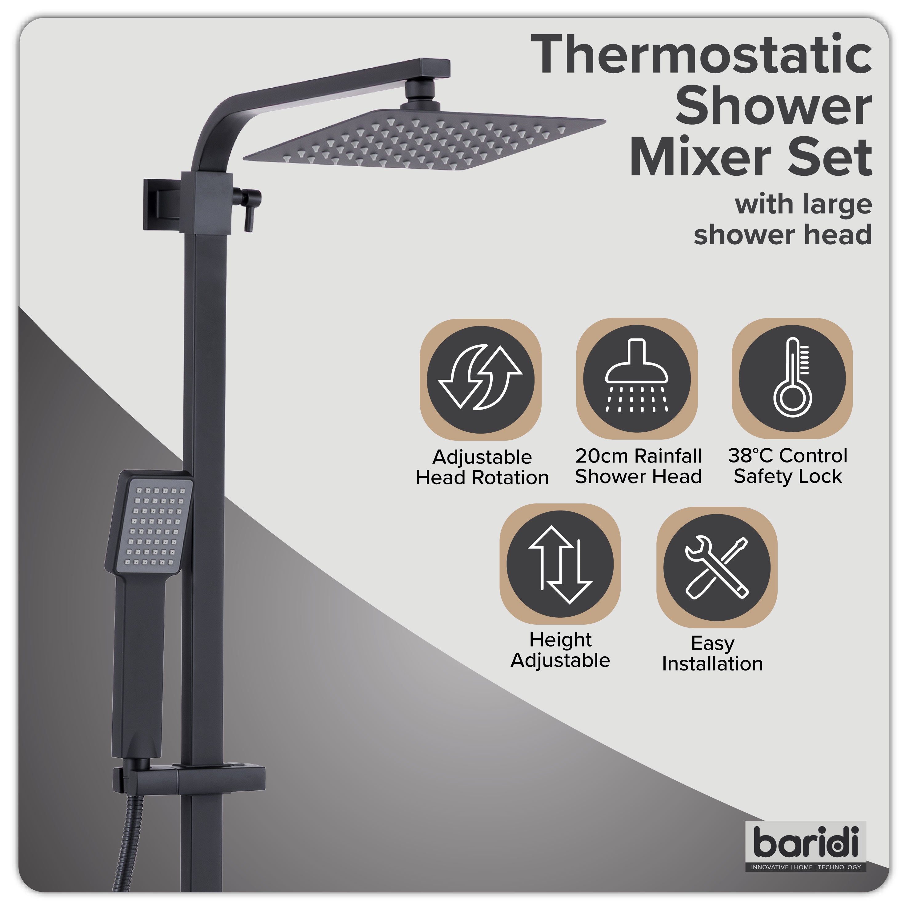 Baridi Thermostatic Shower Mixer Set, 20x20cm Square Head, Height Adjustable Rail, Black - DH317