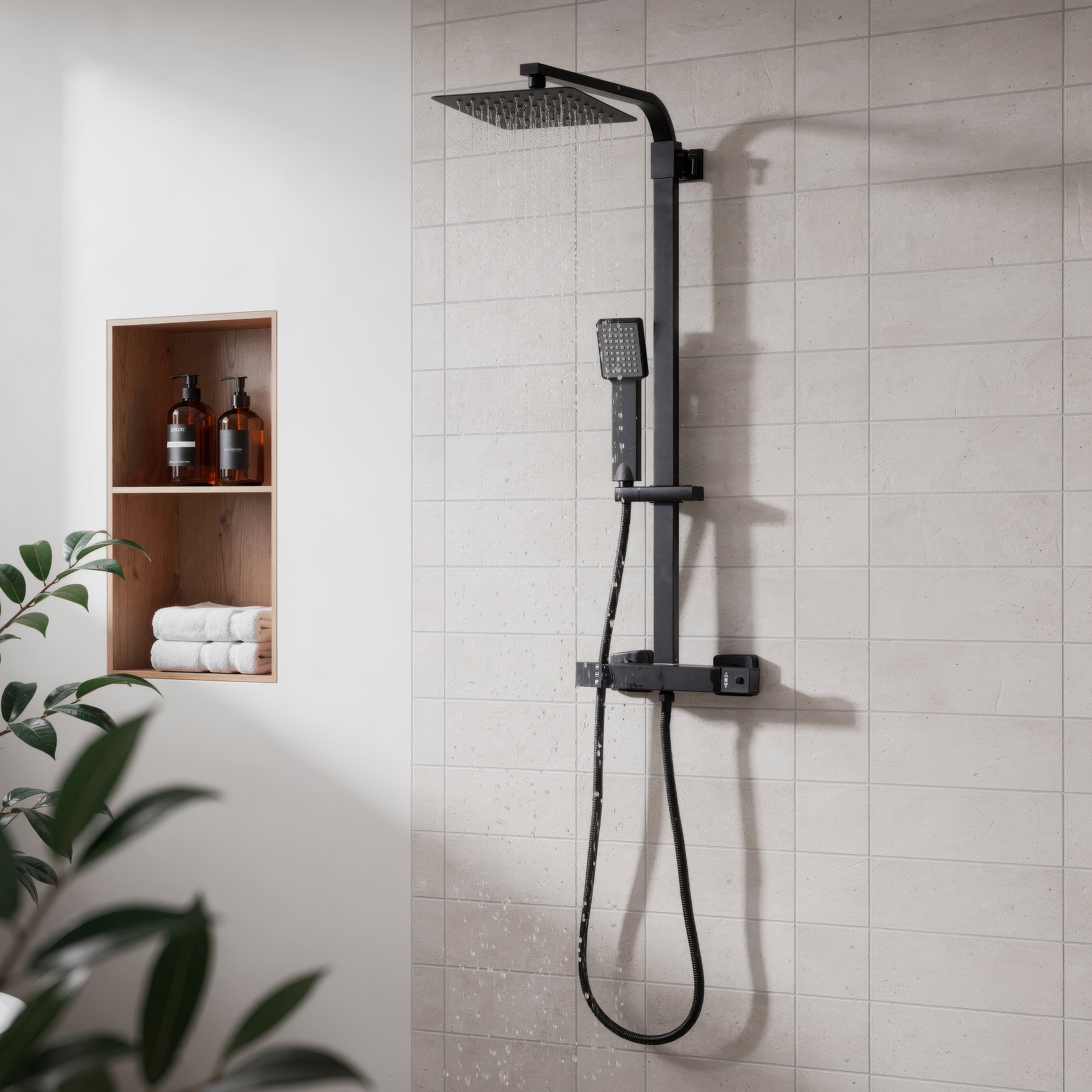Thermostatic Shower Mixer Set 20 x 20cm Square Head with Adjustable Rail - Black