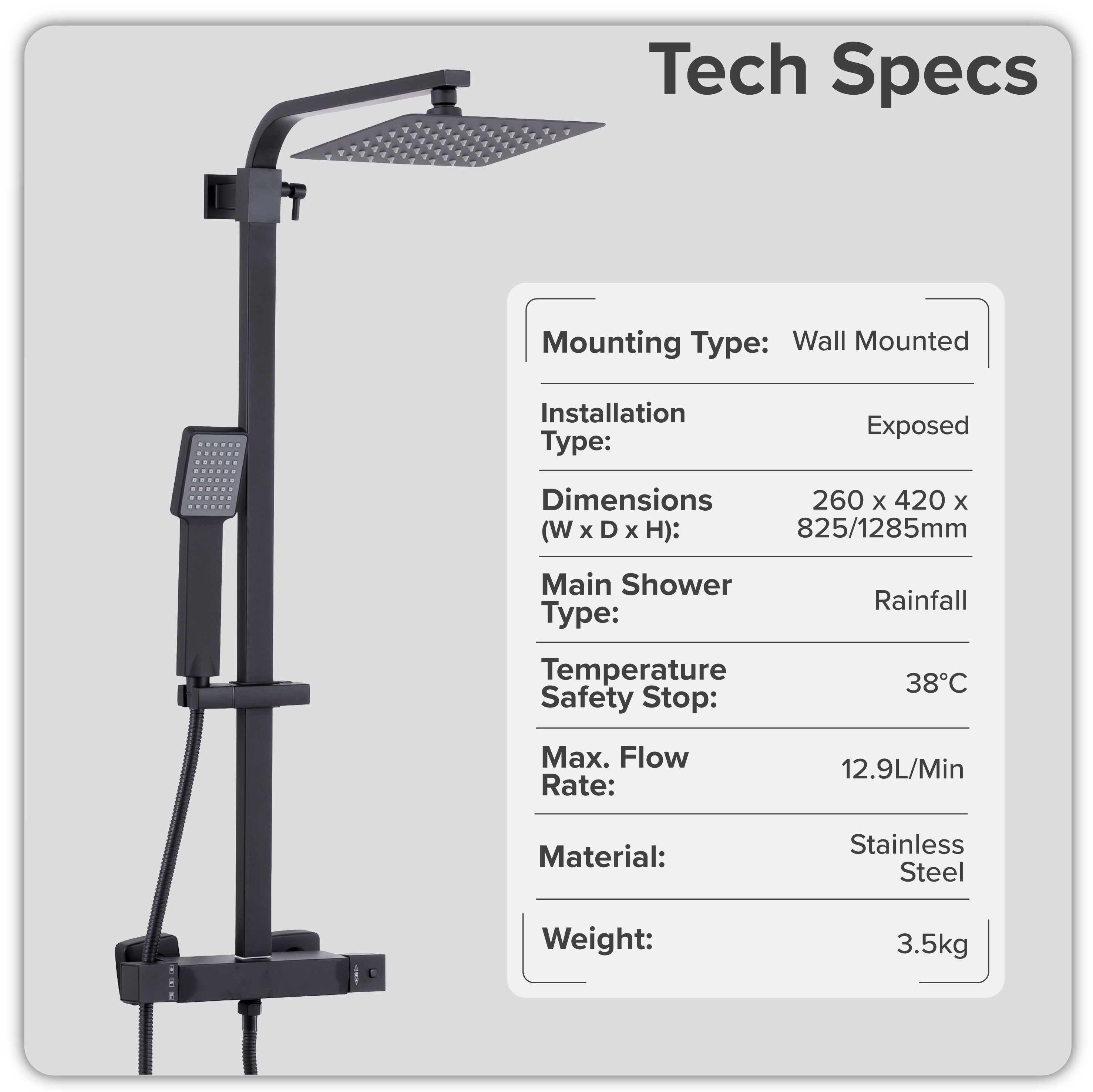 Baridi Thermostatic Shower Mixer Set, 20x20cm Square Head, Height Adjustable Rail, Black - DH317