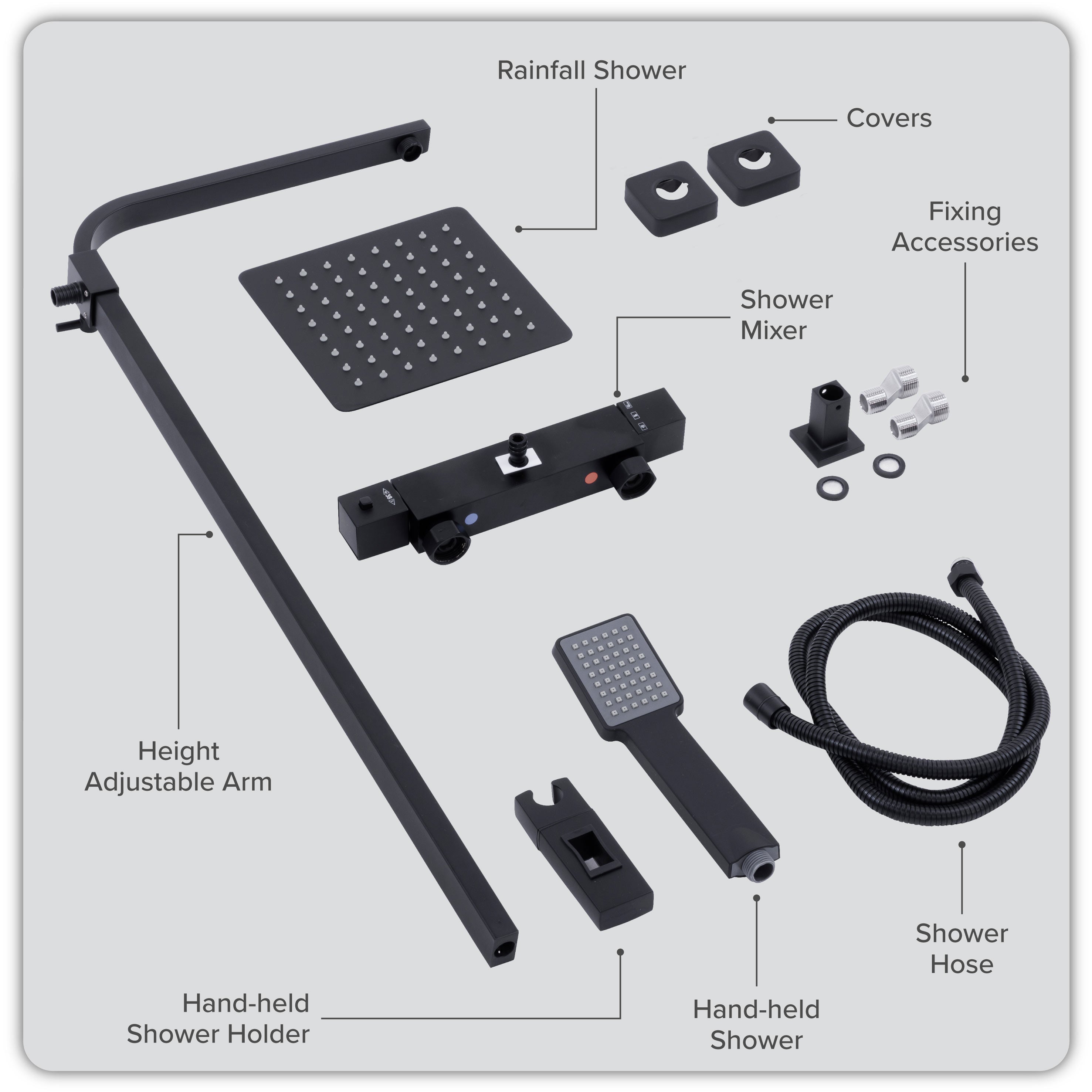 Baridi Thermostatic Shower Mixer Set, 20x20cm Square Head, Height Adjustable Rail, Black - DH317