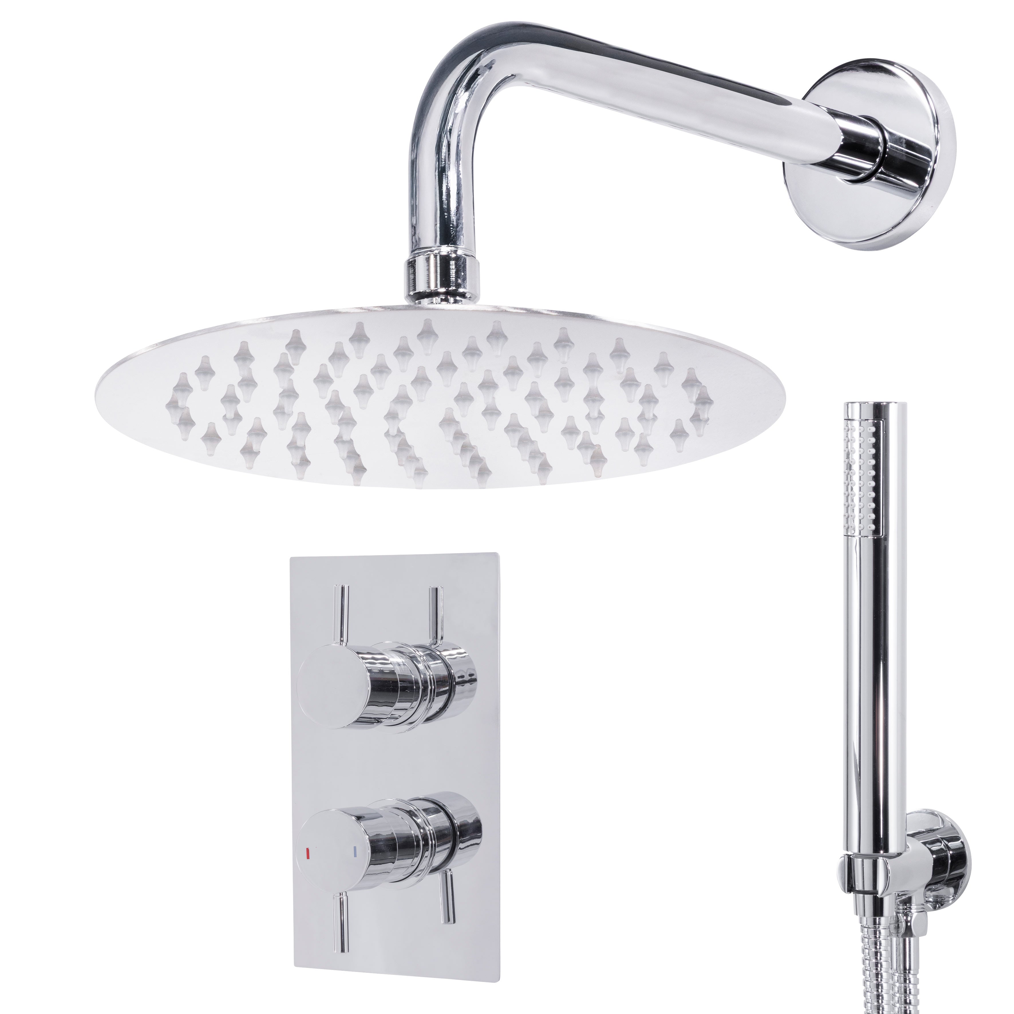 Baridi Concealed Thermostatic Shower Set, Dual Outlet, Ø20cm Round Shower Head & Hand Shower, Chrome - DH318