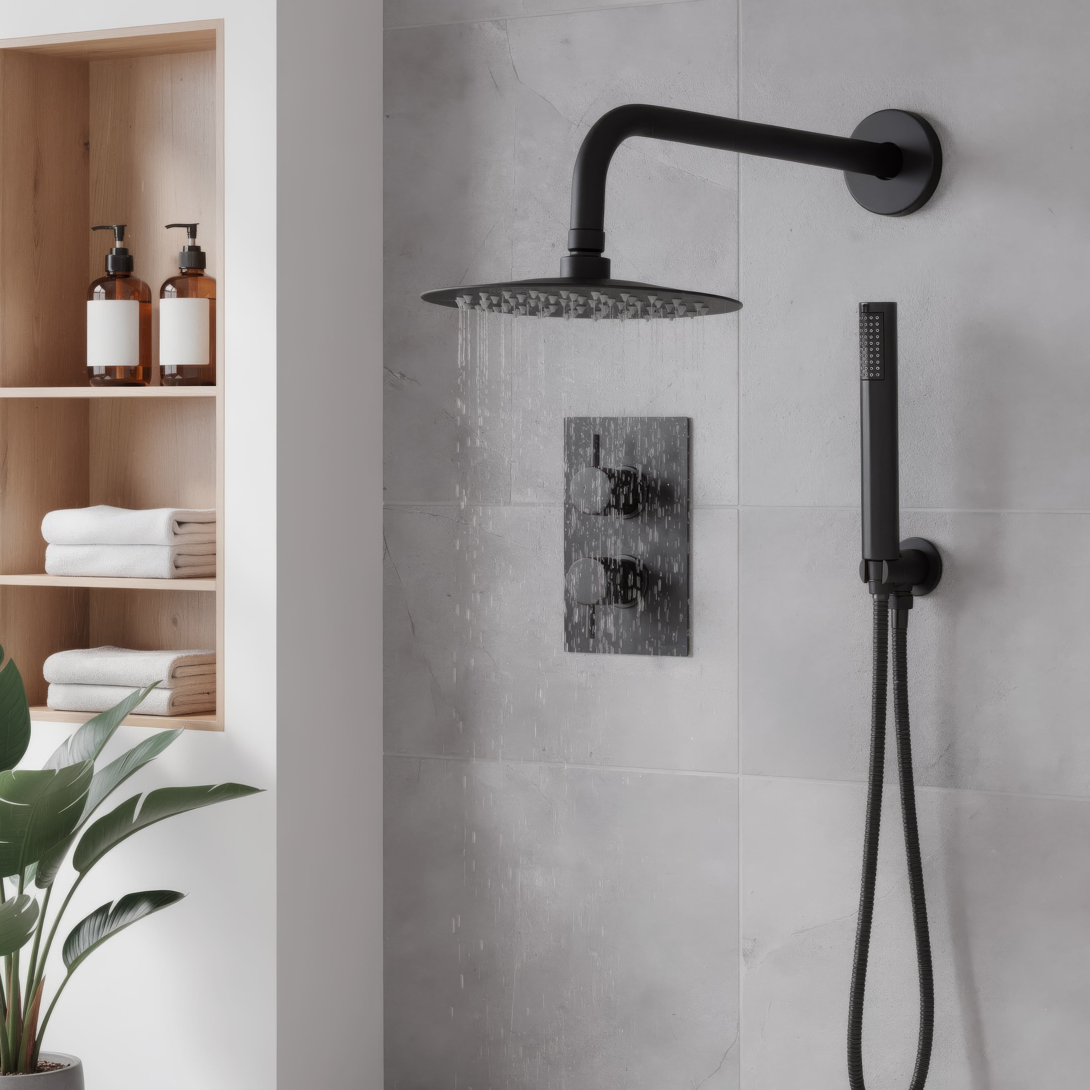 Concealed Thermostatic Shower Set 20cm Round Head & Hand Shower - Black