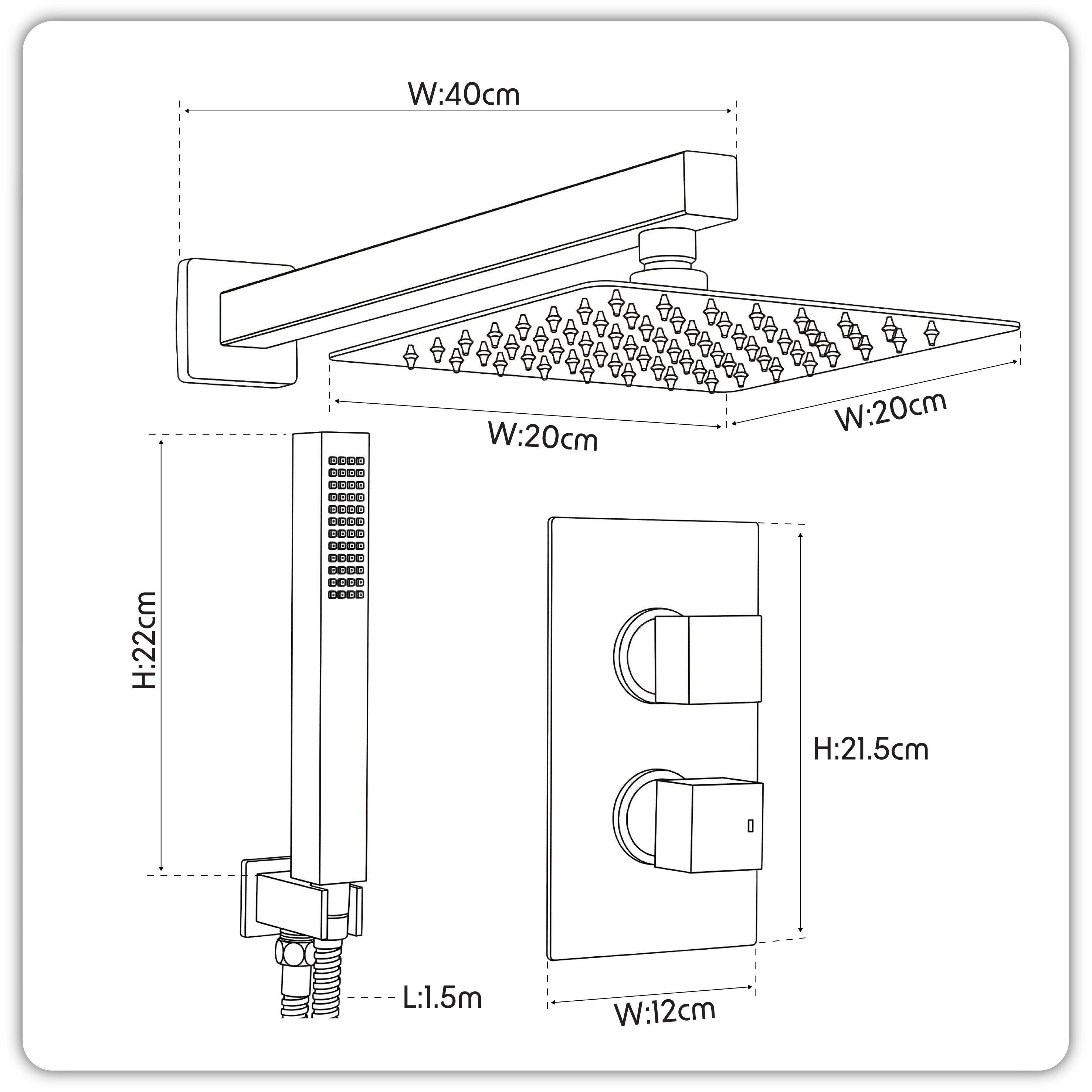 Baridi Concealed Thermostatic Shower Set 20 x 20cm Square Head & Hand Shower - Chrome - DH320