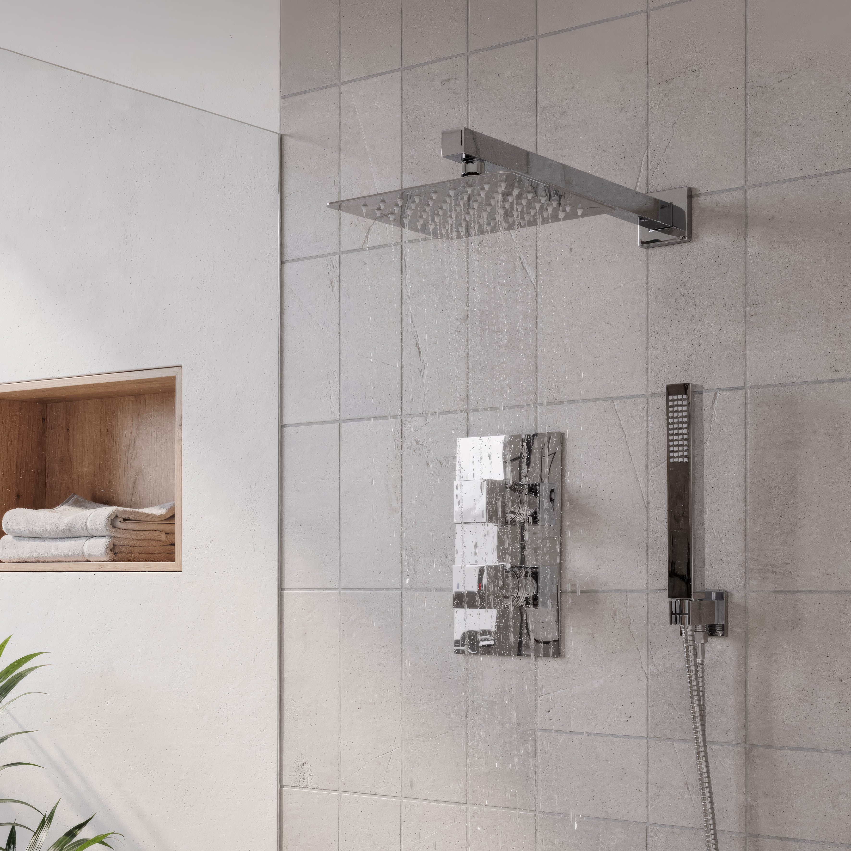 Concealed Thermostatic Shower Set 20 x 20cm Square Head & Hand Shower - Chrome