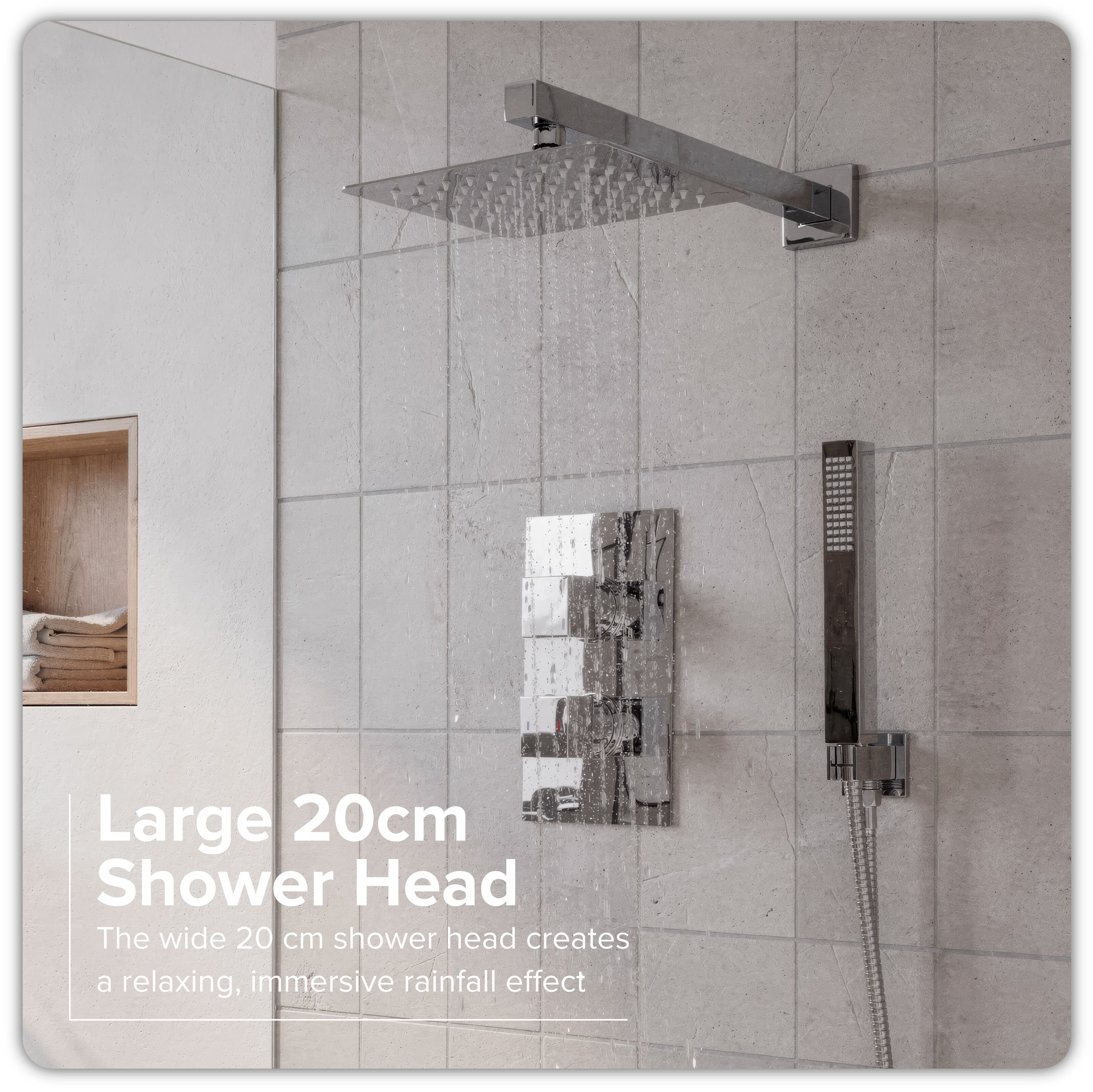 Baridi Concealed Thermostatic Shower Set 20 x 20cm Square Head & Hand Shower - Chrome - DH320