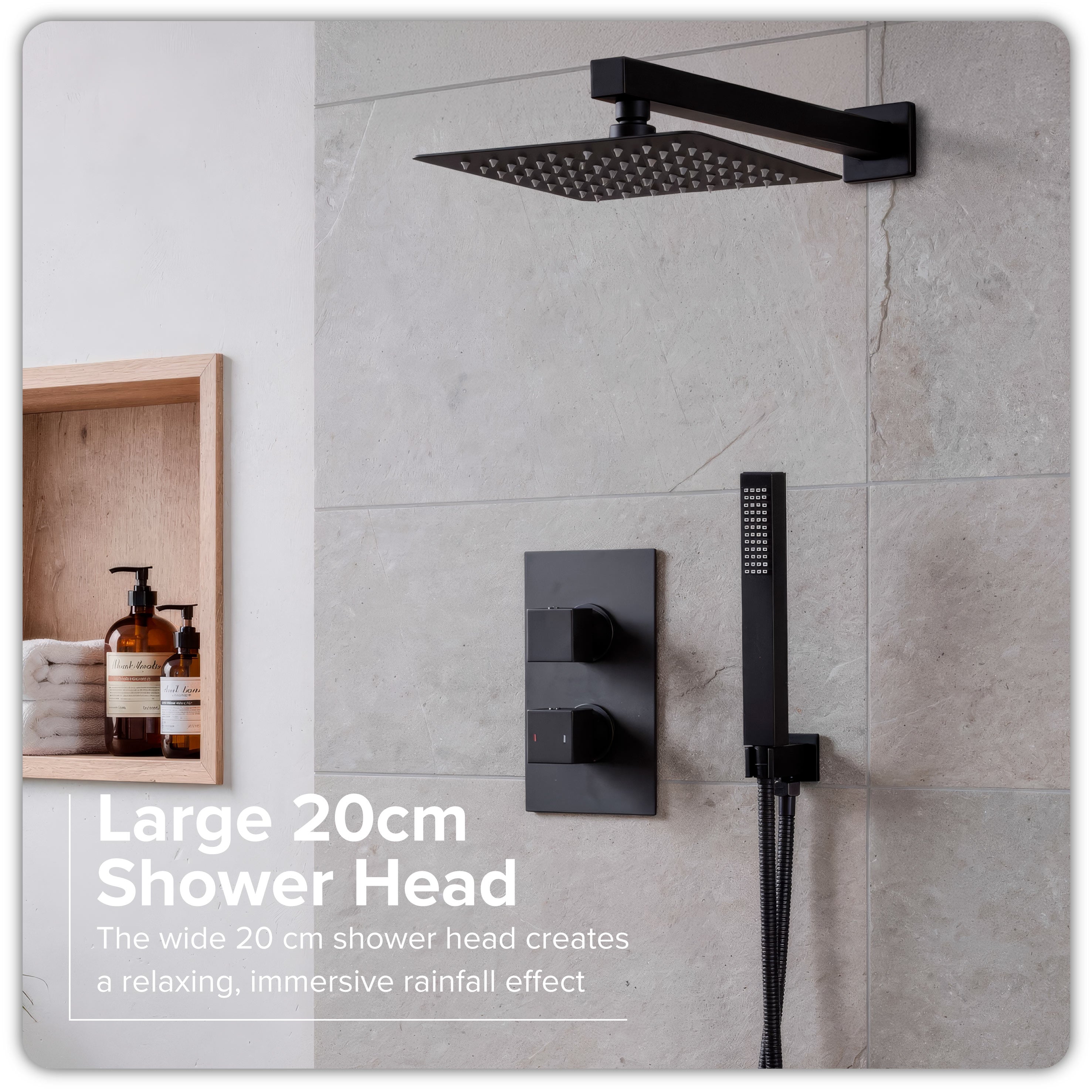 Baridi Concealed Thermostatic Shower Set 20 x 20cm Square Head & Hand Shower, Black - DH321