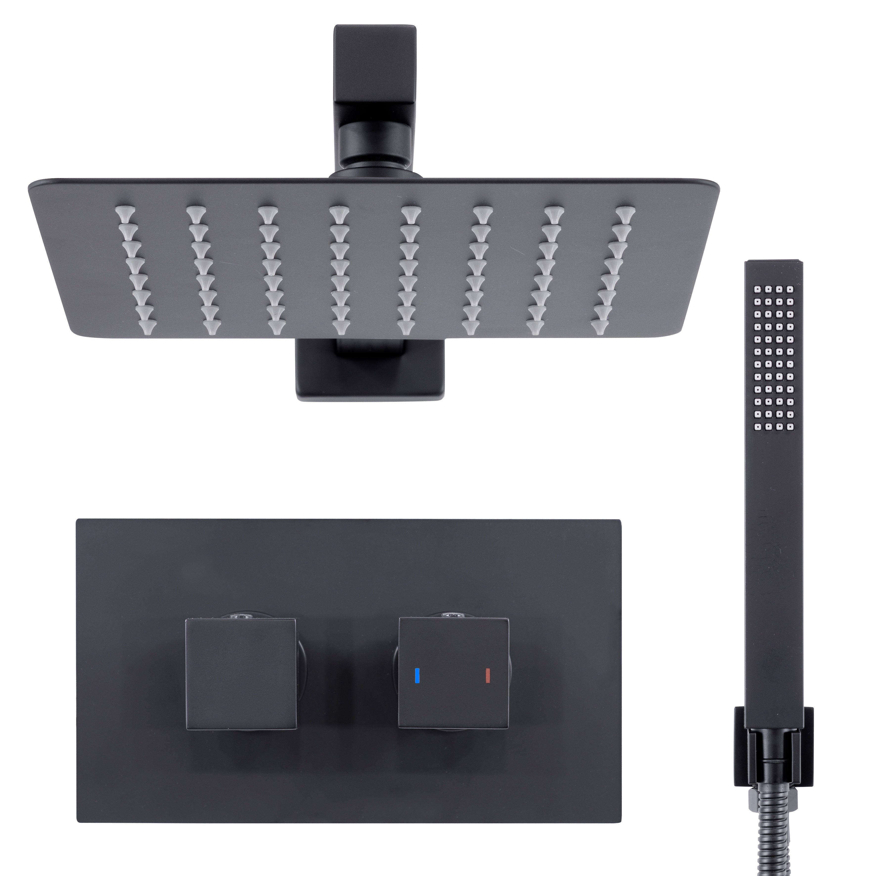 Baridi Concealed Thermostatic Shower Set 20 x 20cm Square Head & Hand Shower, Black - DH321