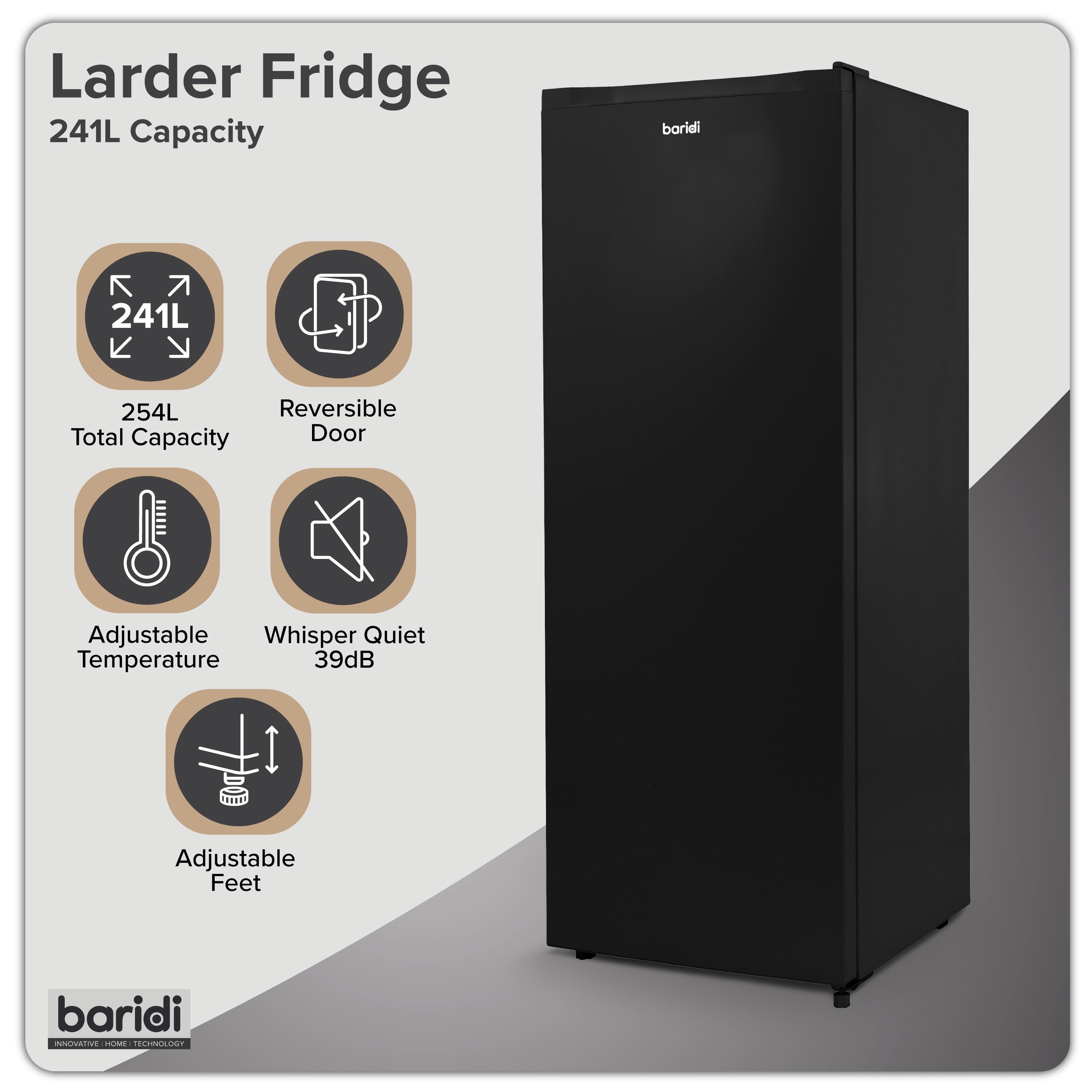Baridi Freestanding Tall Larder Fridge, 241L Capacity with Reversible Door, 55cm Wide, Black – DH323
