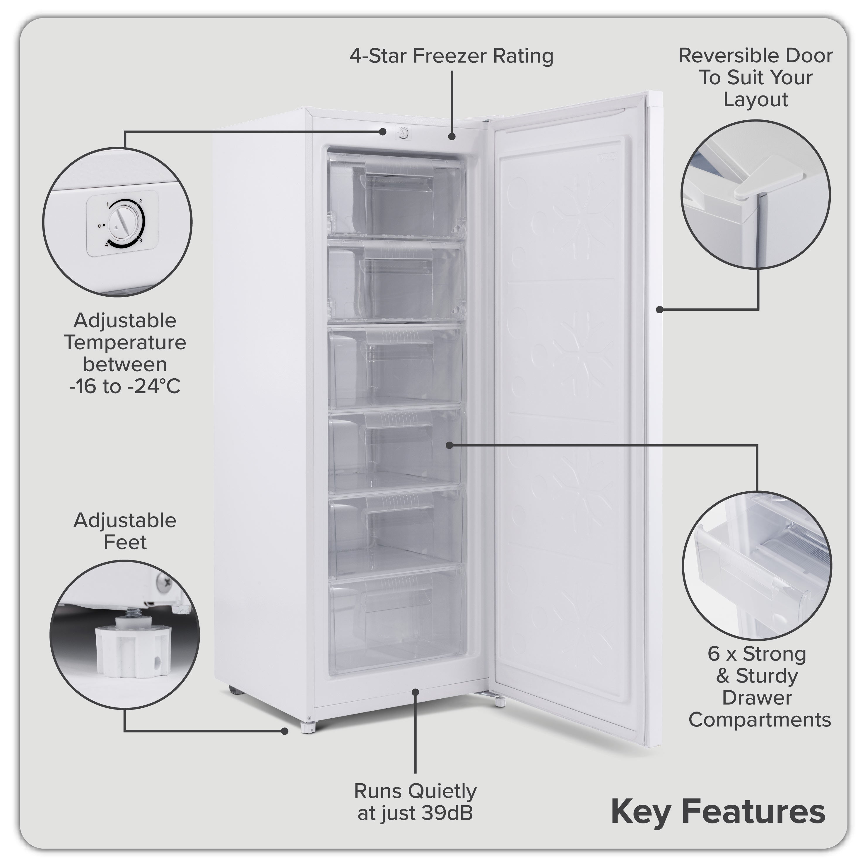 Baridi Freestanding Tall Freezer, 177L Capacity with Reversible Door, White – DH324