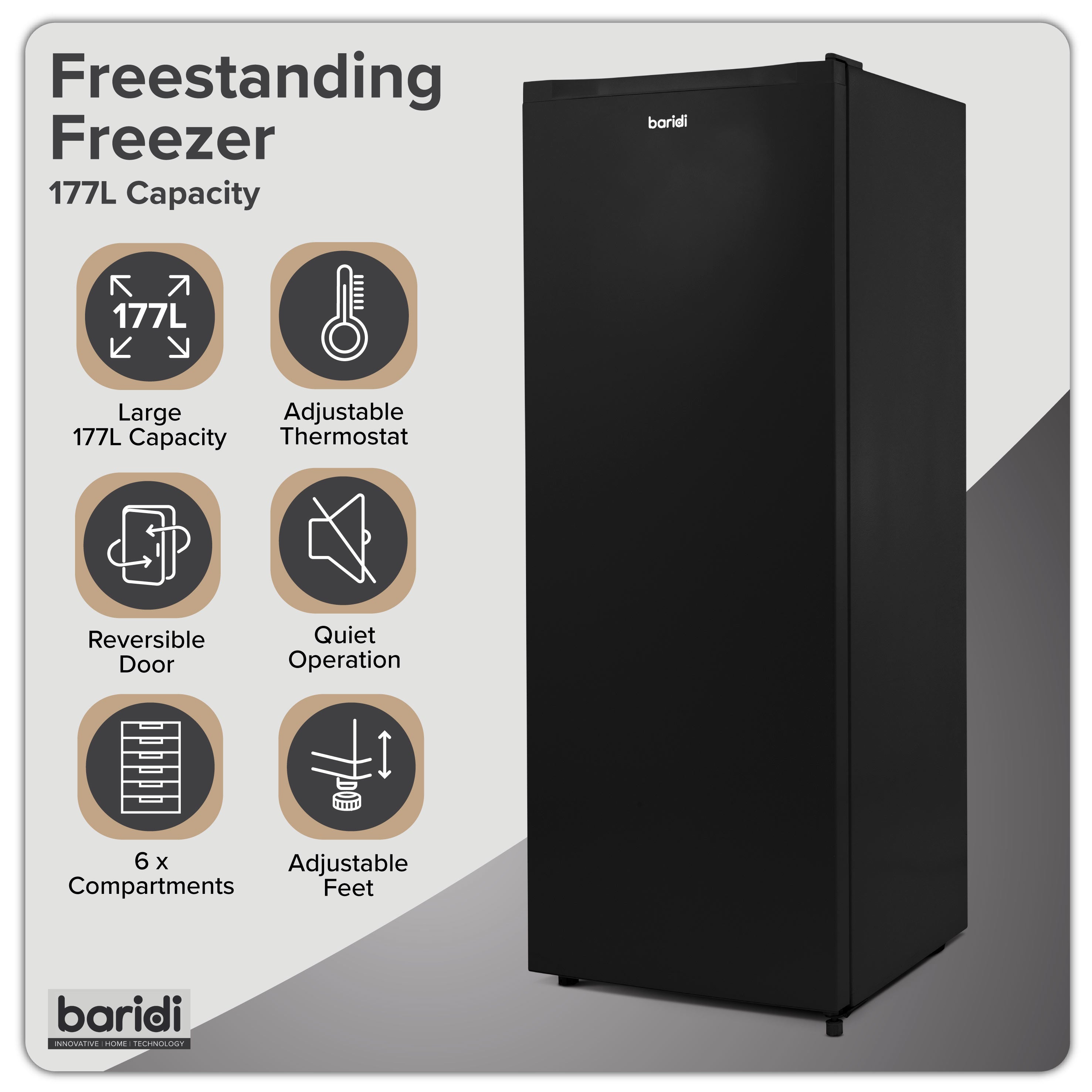 Baridi Freestanding Tall Freezer, 177L Capacity with Reversible Door, Black – DH325