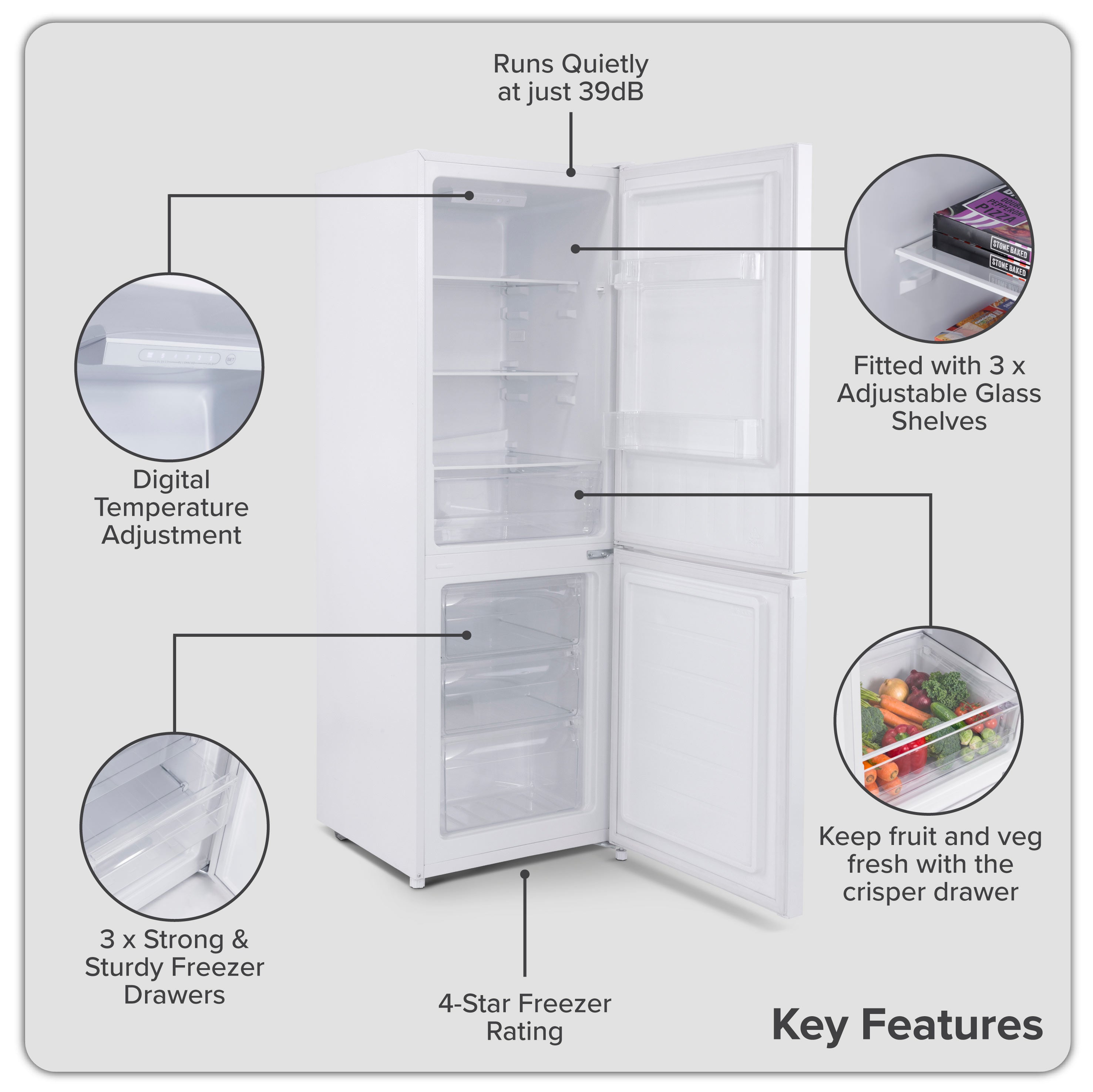 Baridi 60/40 Smart Frost Fridge Freezer 227L Capacity, White - DH326