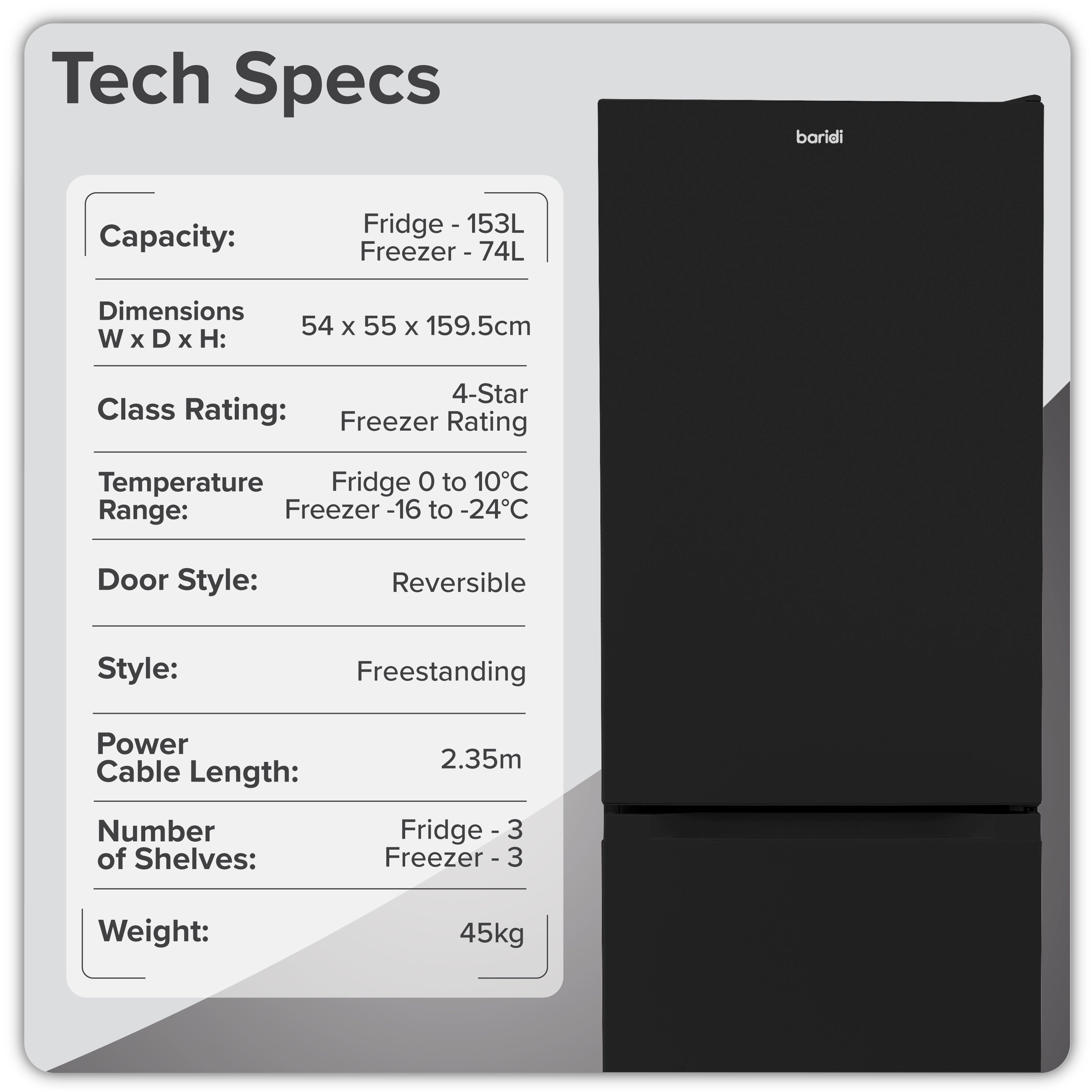 Baridi 60/40 Smart Frost Fridge Freezer 227L Capacity, Black - DH327
