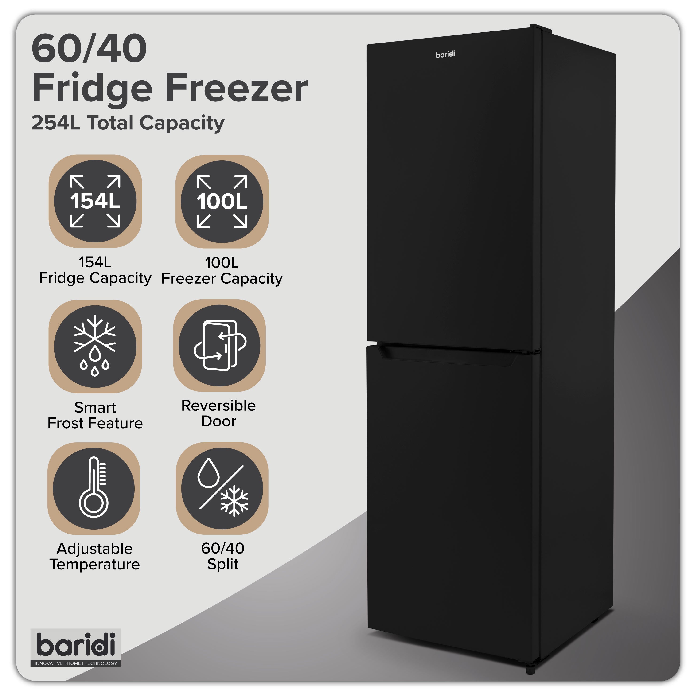 Baridi 60/40 Smart Frost Fridge Freezer 254L Capacity, Black - DH329
