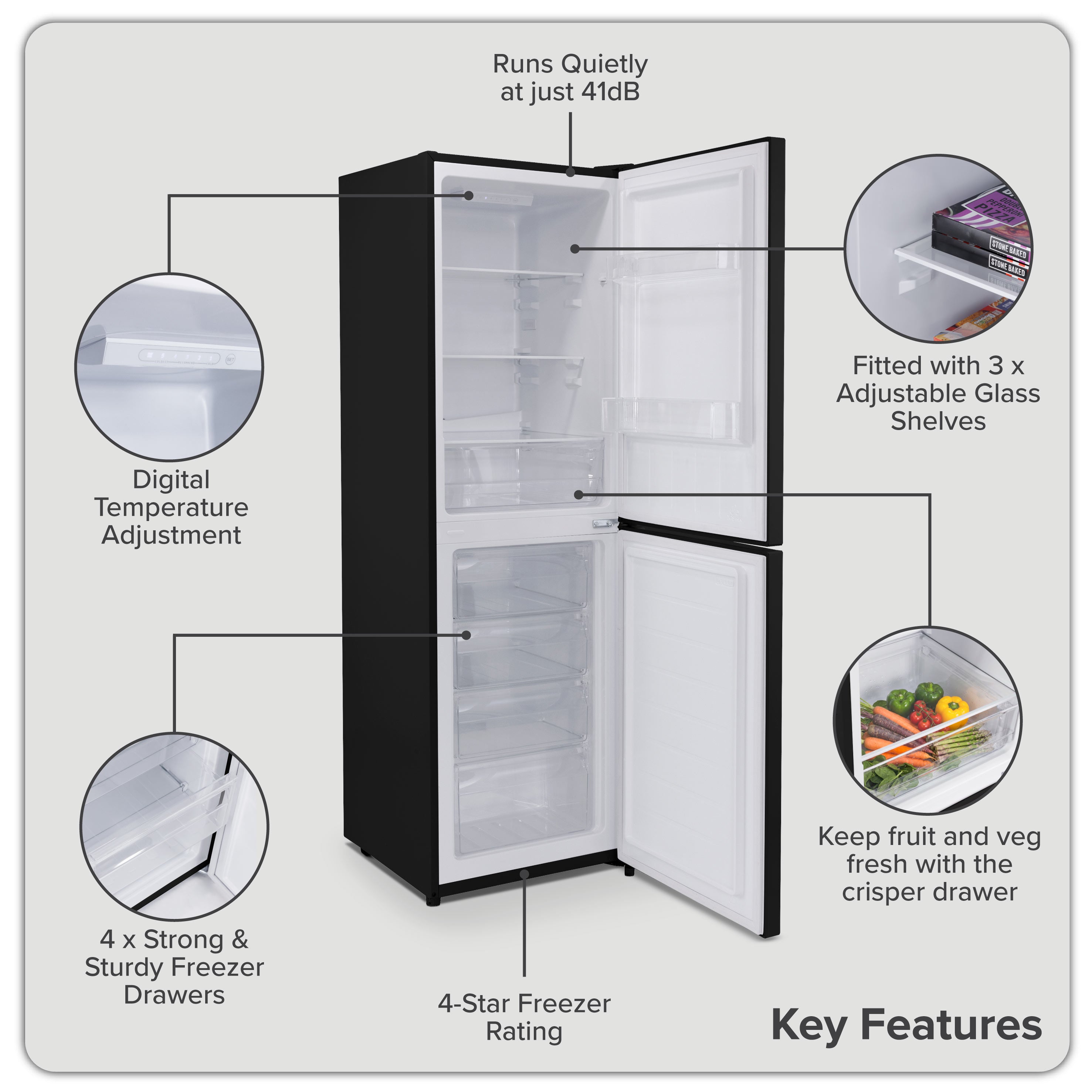 Baridi 50/50 Smart Frost Fridge Freezer 254L Capacity, Black - DH329