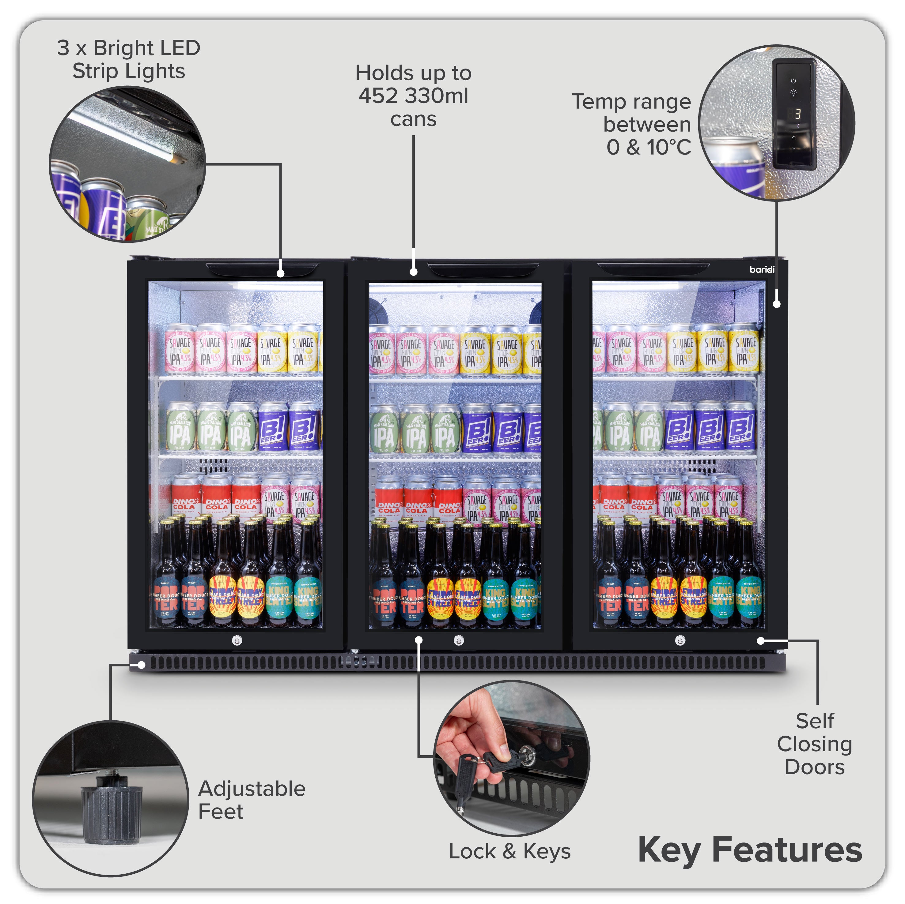 Baridi Back Bar Drinks Fridge/Cooler with Triple Hinged Door 307L, Black – DH336
