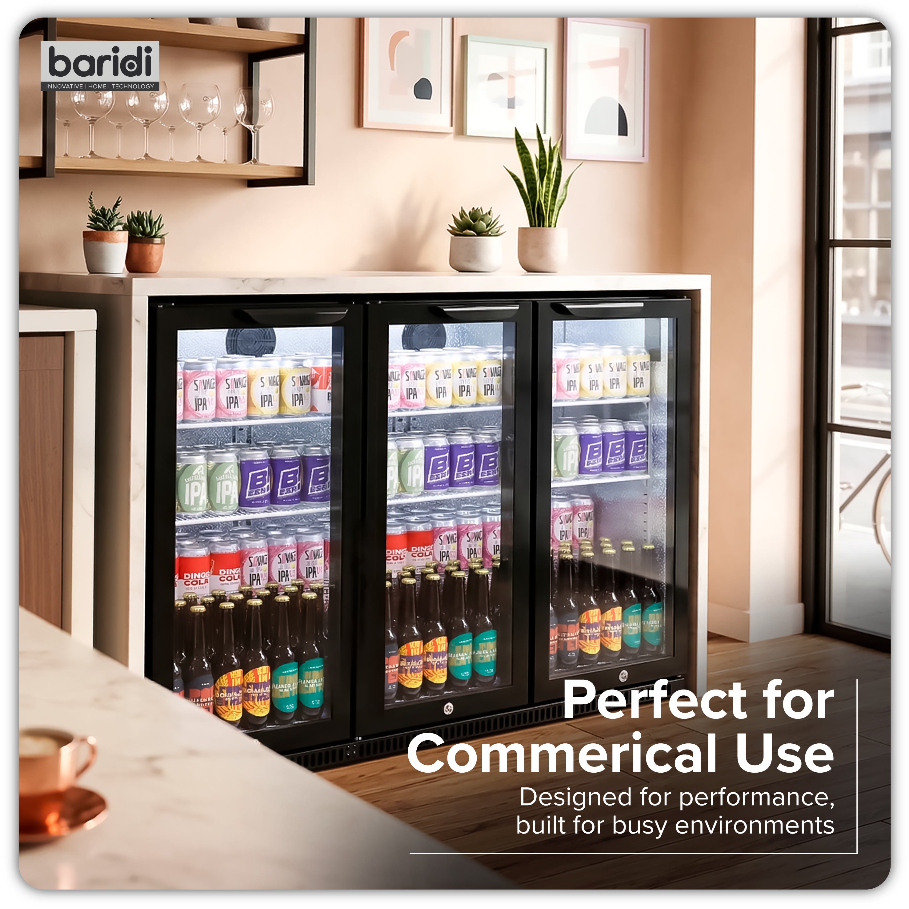 Baridi Back Bar Drinks Fridge/Cooler with Triple Hinged Door 307L, Black – DH336