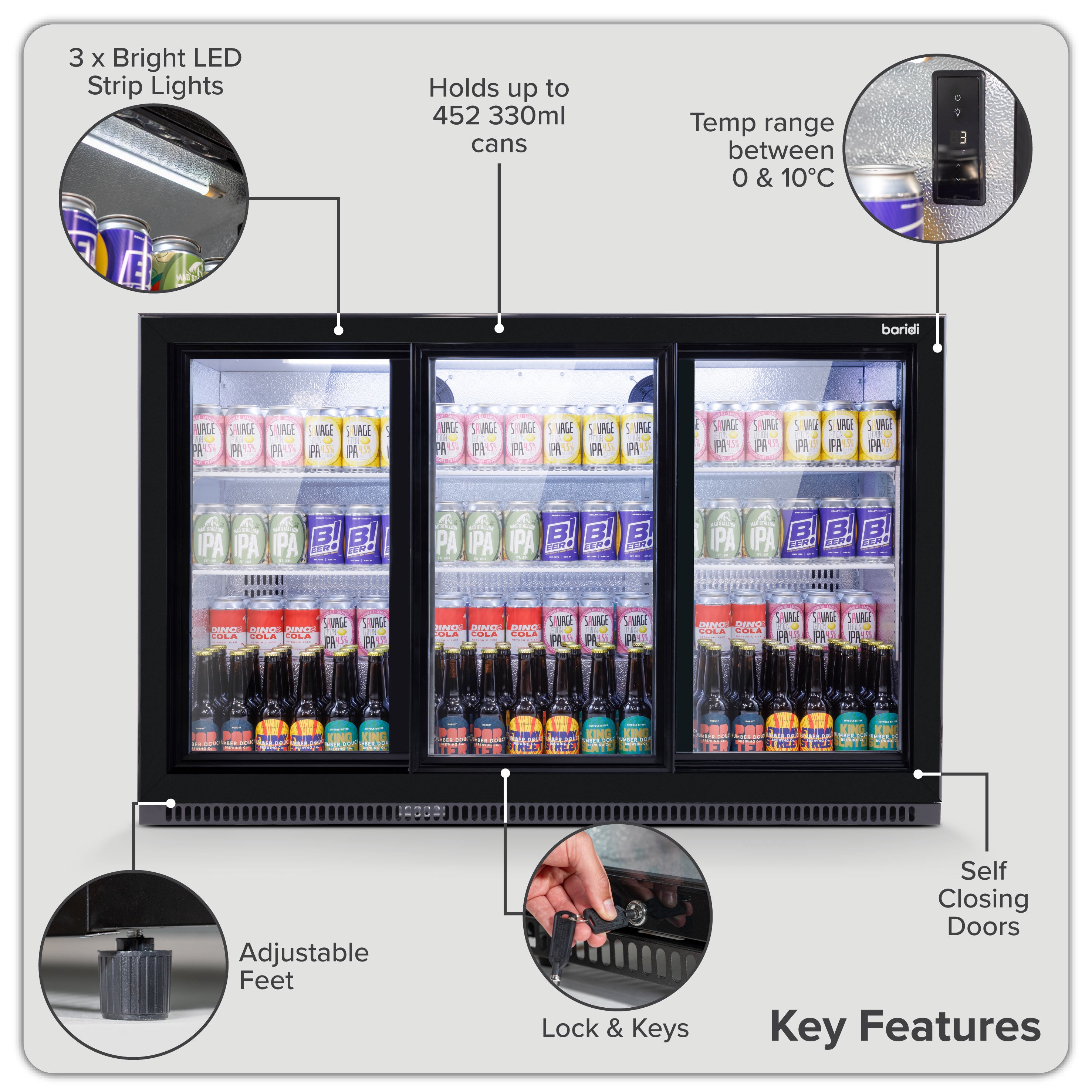 Baridi Back Bar Drinks Fridge/Cooler with Triple Sliding Door 307L, Black – DH337
