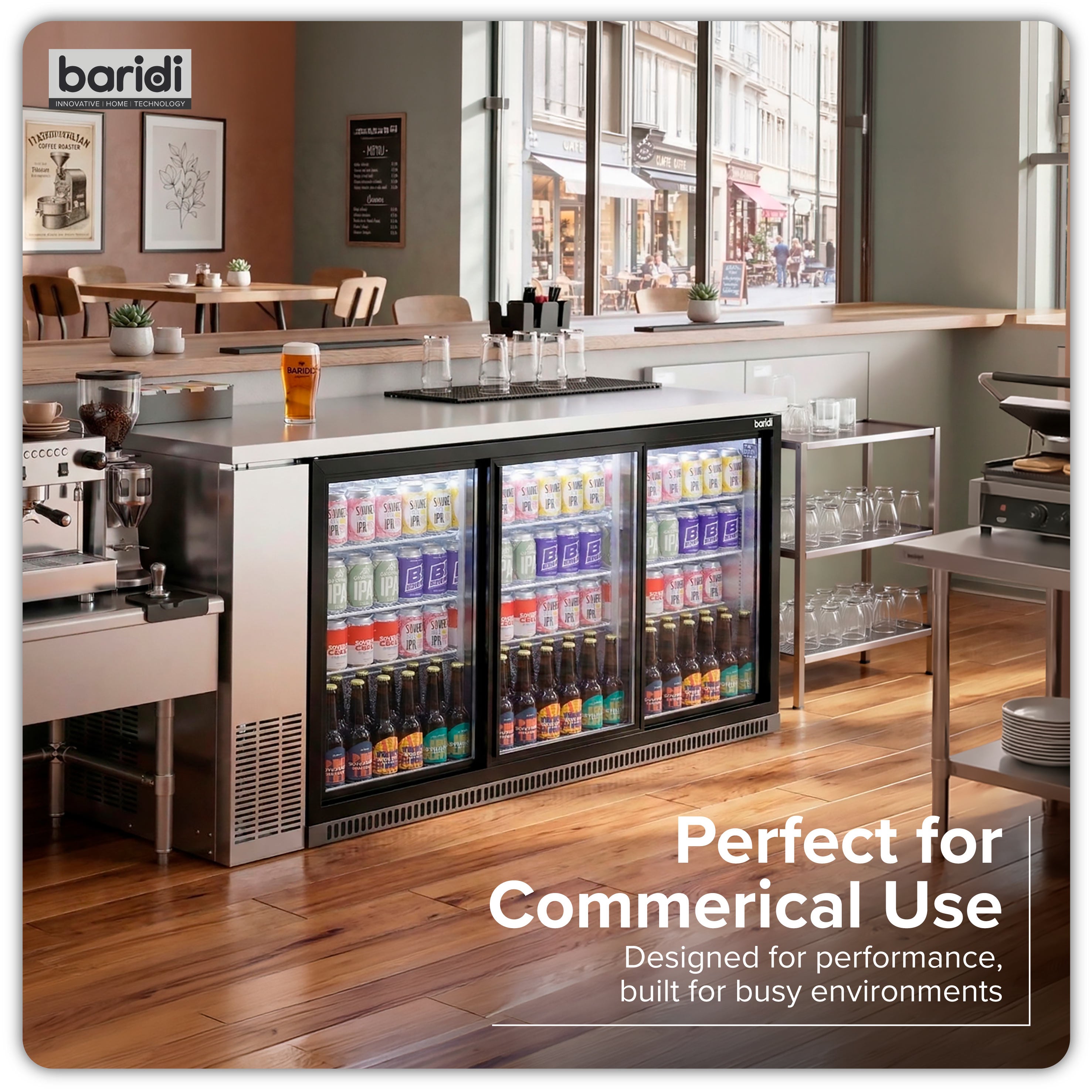 Baridi Back Bar Drinks Fridge/Cooler with Triple Sliding Door 307L, Black – DH337