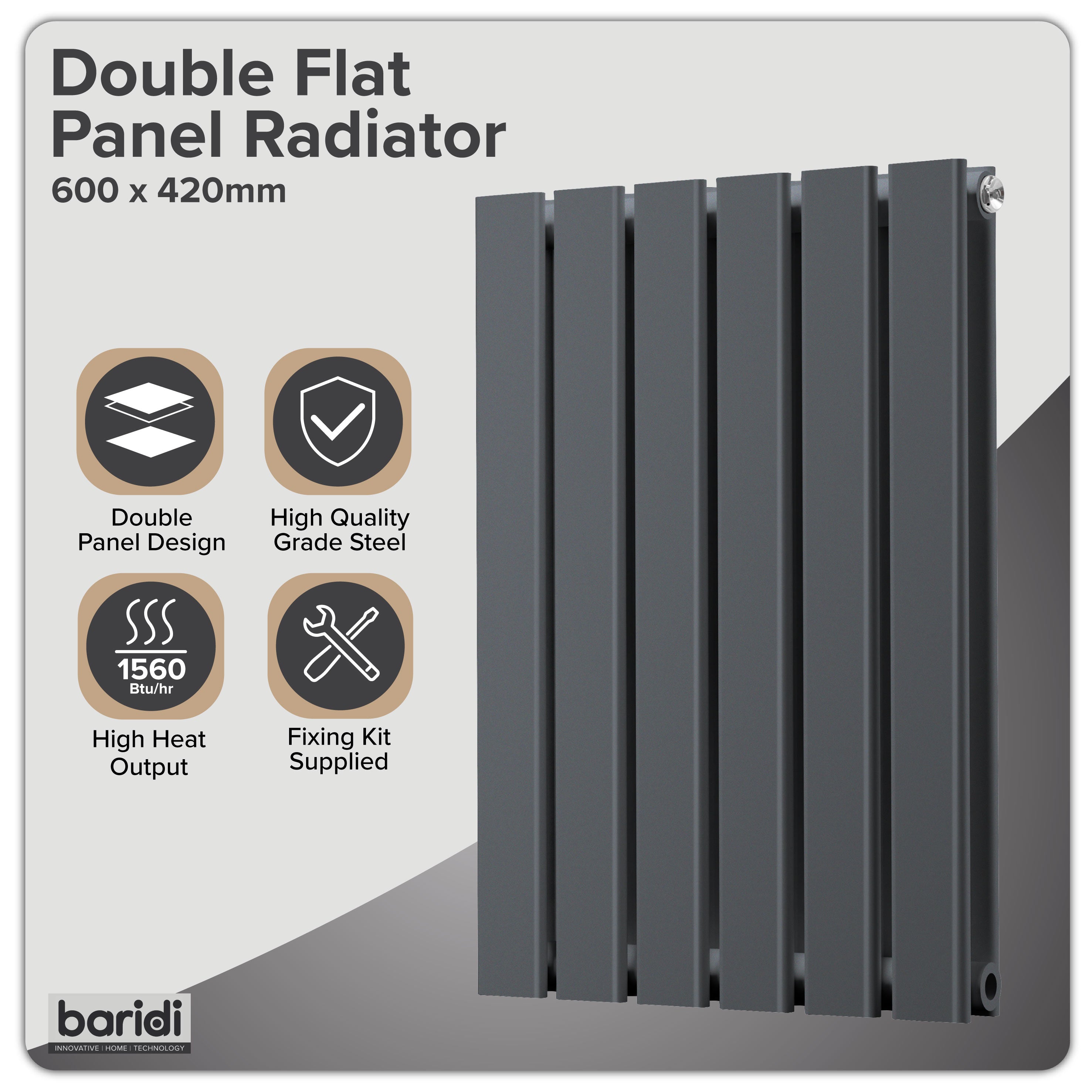 Baridi Horizontal Radiator Contemporary Double Flat Panel Design 420 x 600mm, Anthracite - DH338