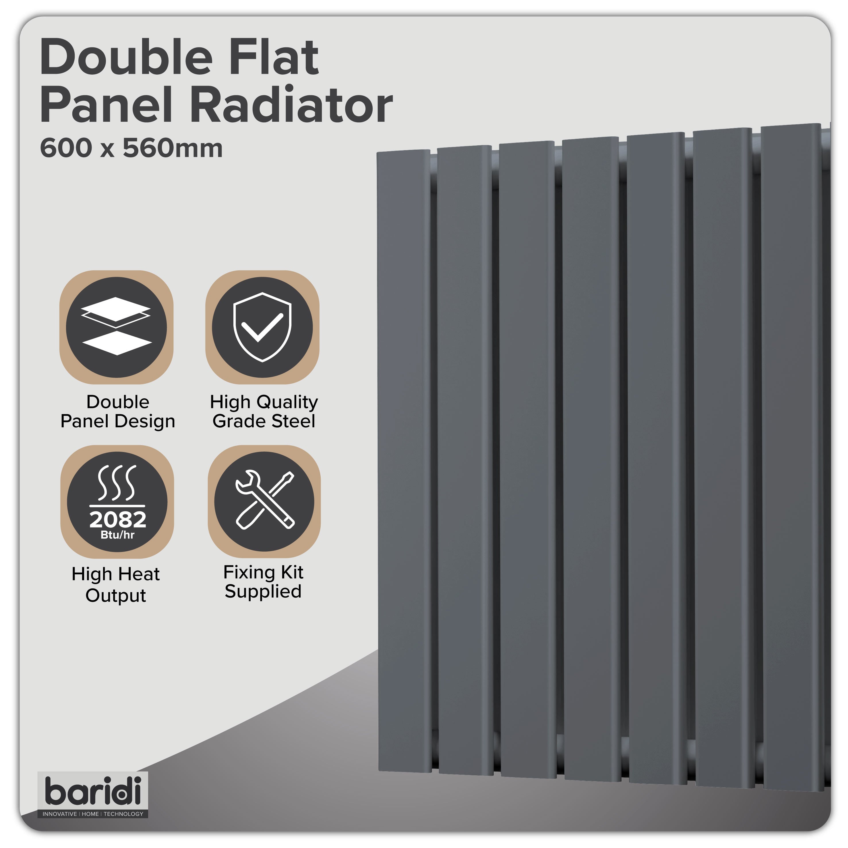 Baridi Horizontal Radiator Contemporary Double Flat Panel Design 600 x 560mm, Anthracite - DH339